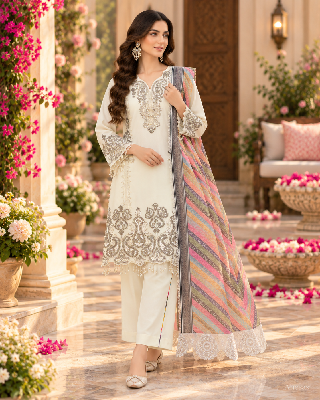 Ivory Sequins Embroidered Pakistani Kurta Set