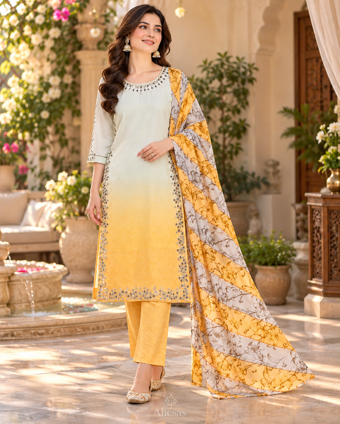 Lemon Ivory & Golden Yellow Ombre Embellished 3-Piece Suit
