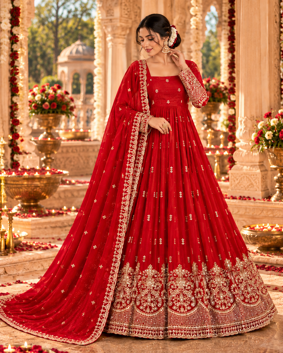 Red & Gold Embroidered Sequins Anarkali Gown Set with Dupatta
