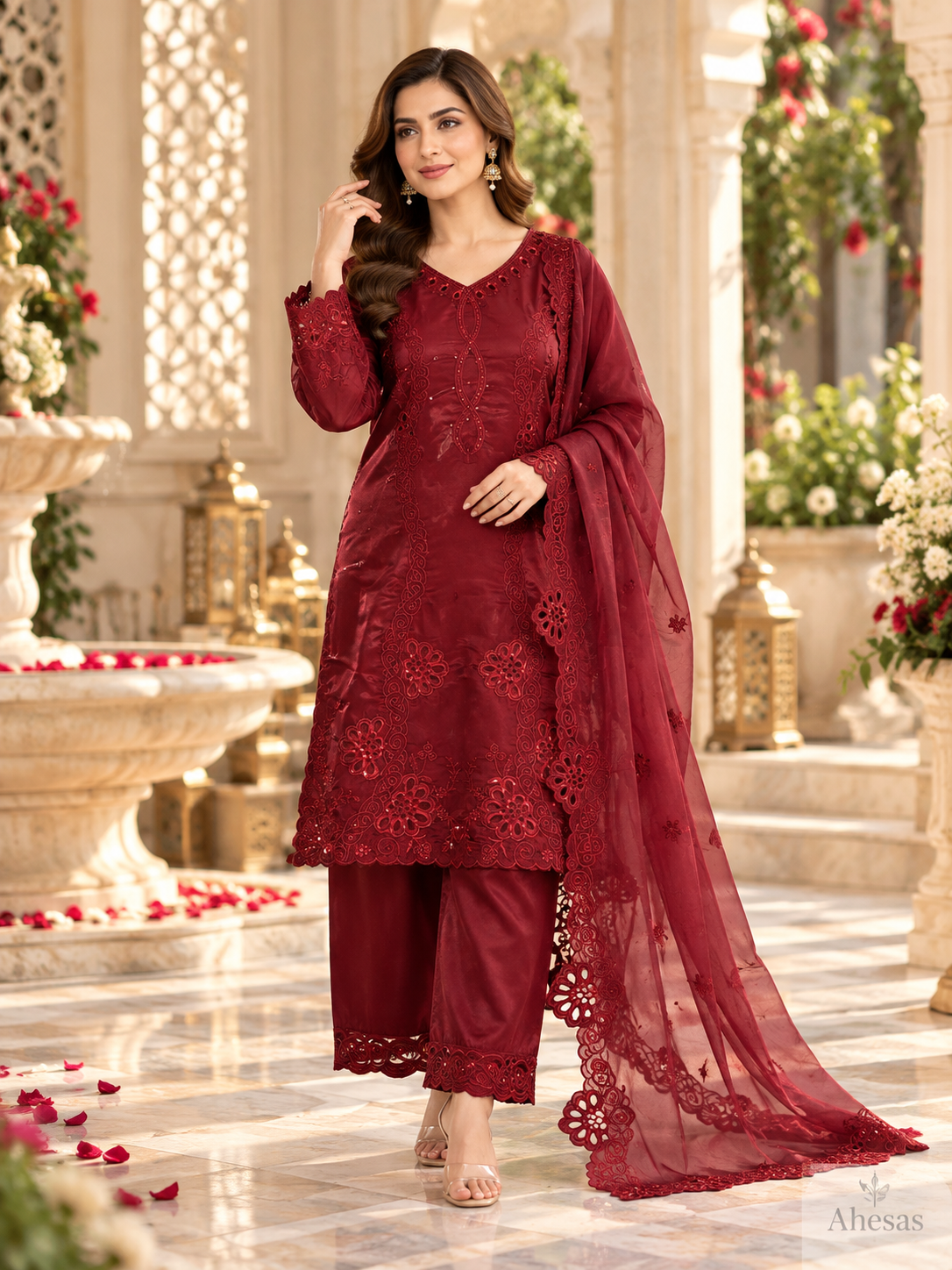 Deep Maroon Floral Embroidered Pakistani 3-Piece Suit