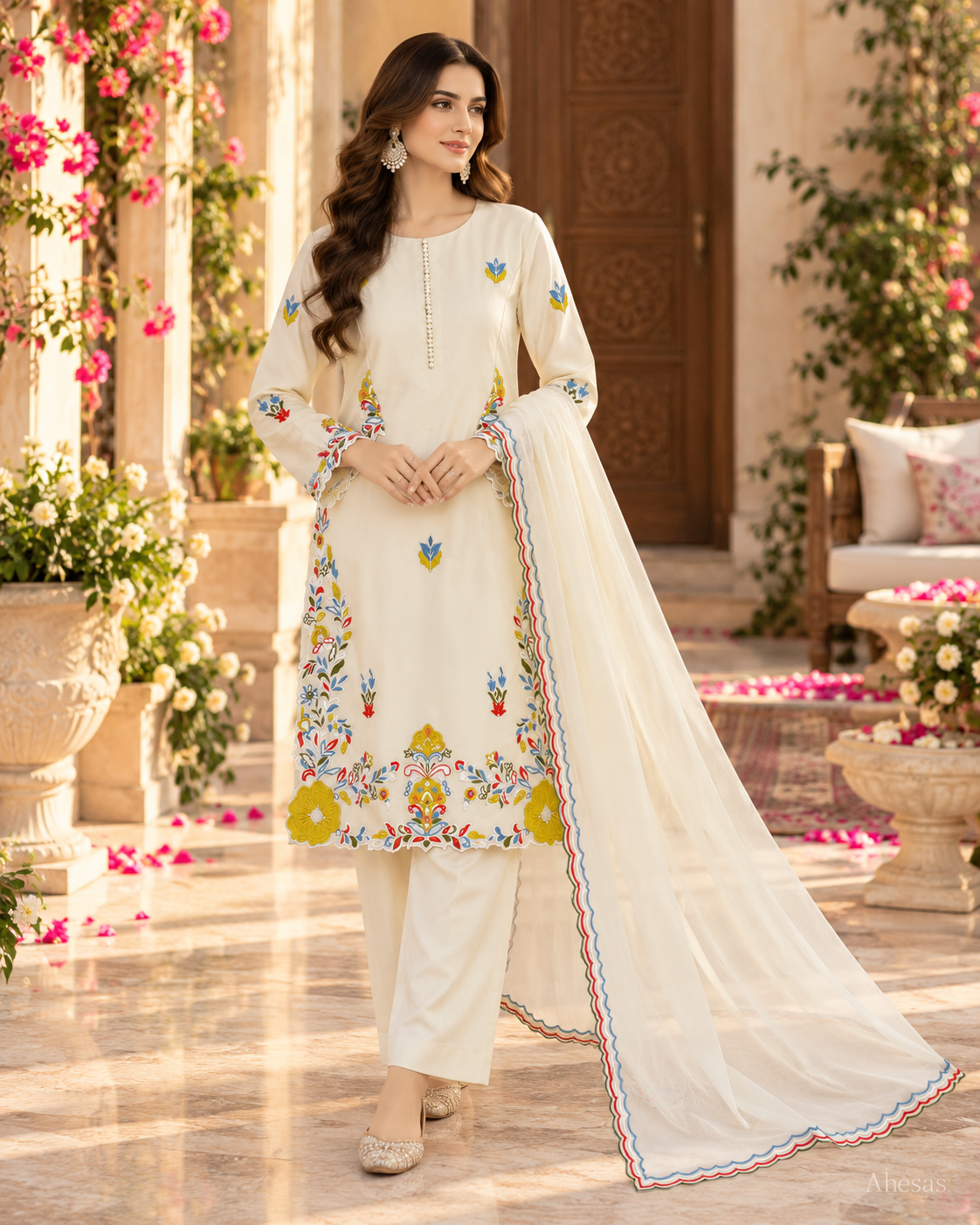 Ivory Multi Floral Embroidered Pakistani Salwar Suit