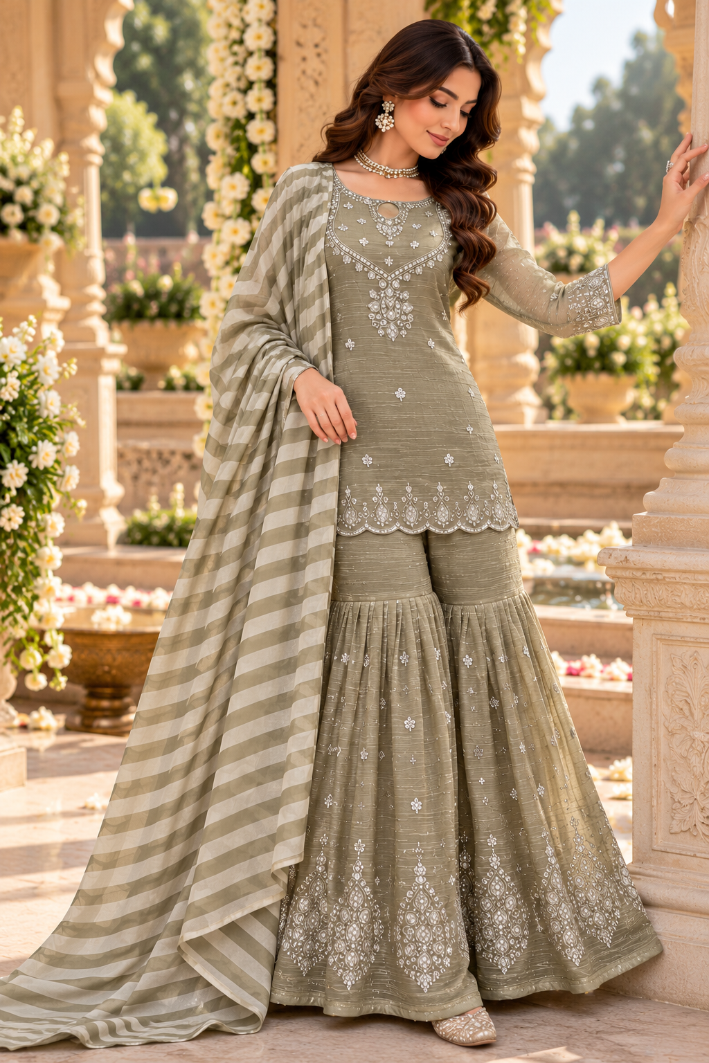 Olive Beige Silver Embroidered Sharara Suit with Striped Dupatta