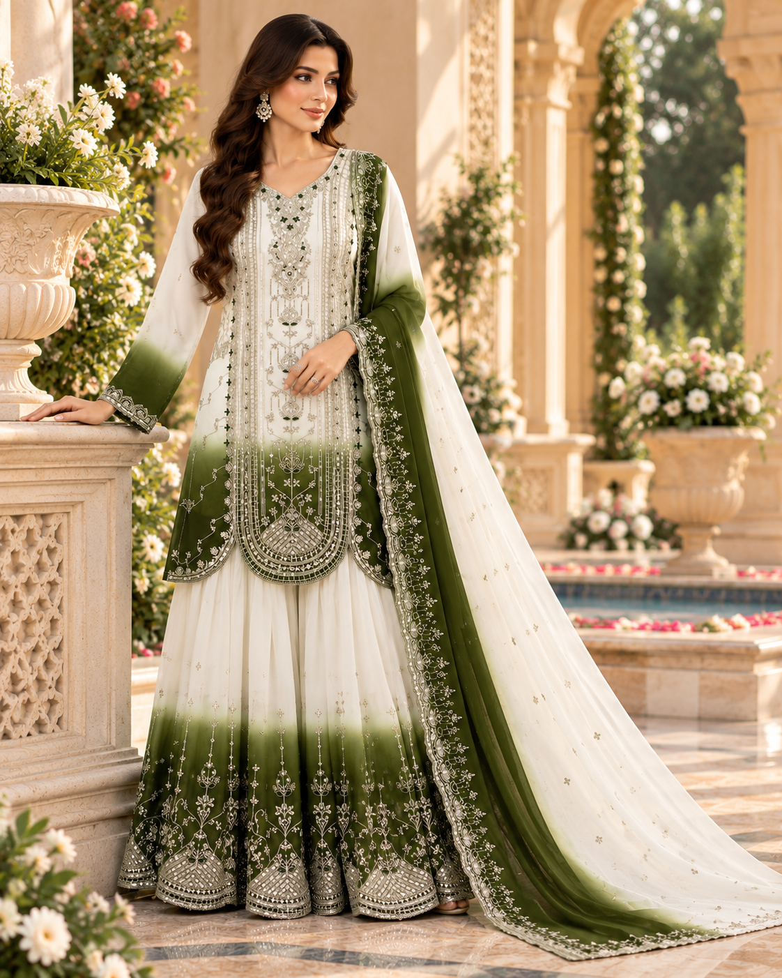White & Olive Green Sequence Embroidered Palazzo Suit