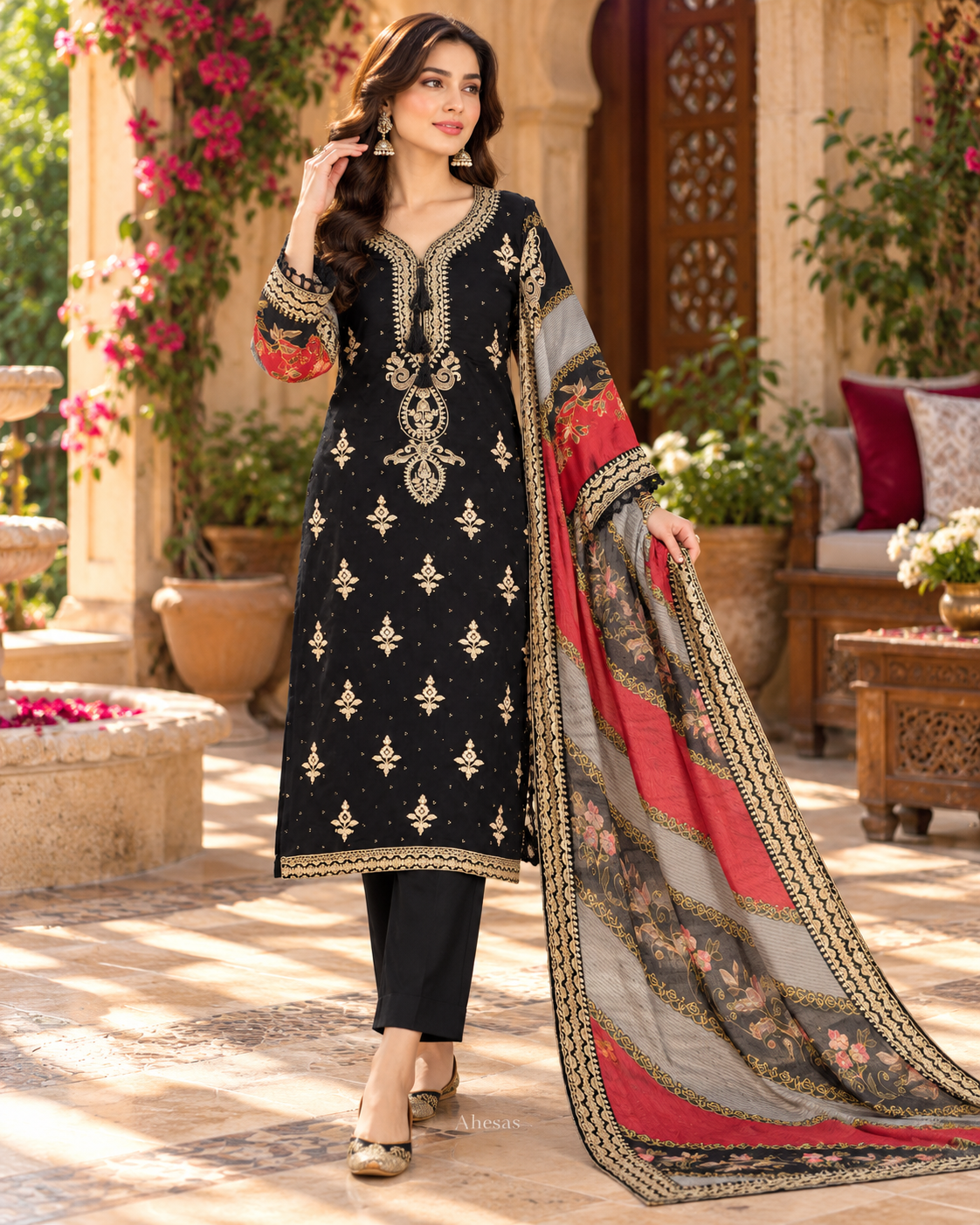 Black Embroidered Pakistani Salwar Suit with Printed Dupatta