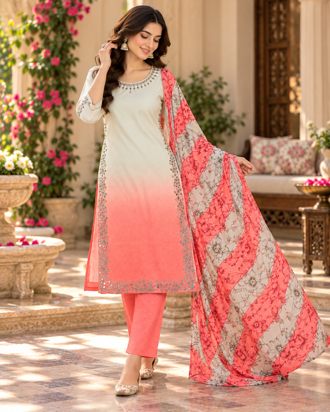 Ivory & Coral Pink Ombre Embellished 3-Piece Suit