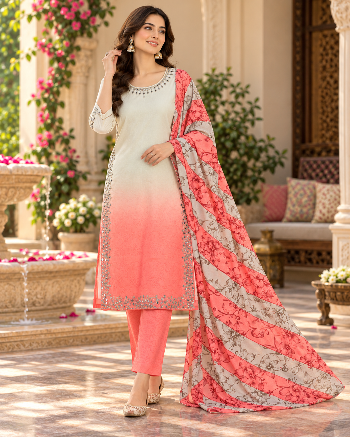 Ivory & Coral Pink Ombre Embellished 3-Piece Suit
