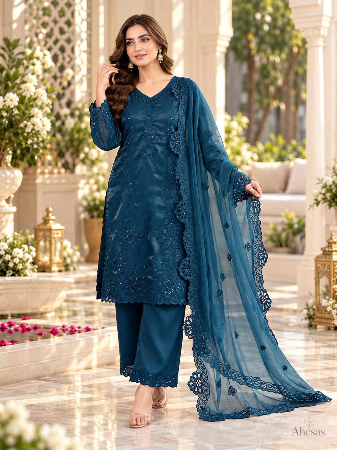 Peacock Blue Floral Embroidered Pakistani 3-Piece Suit