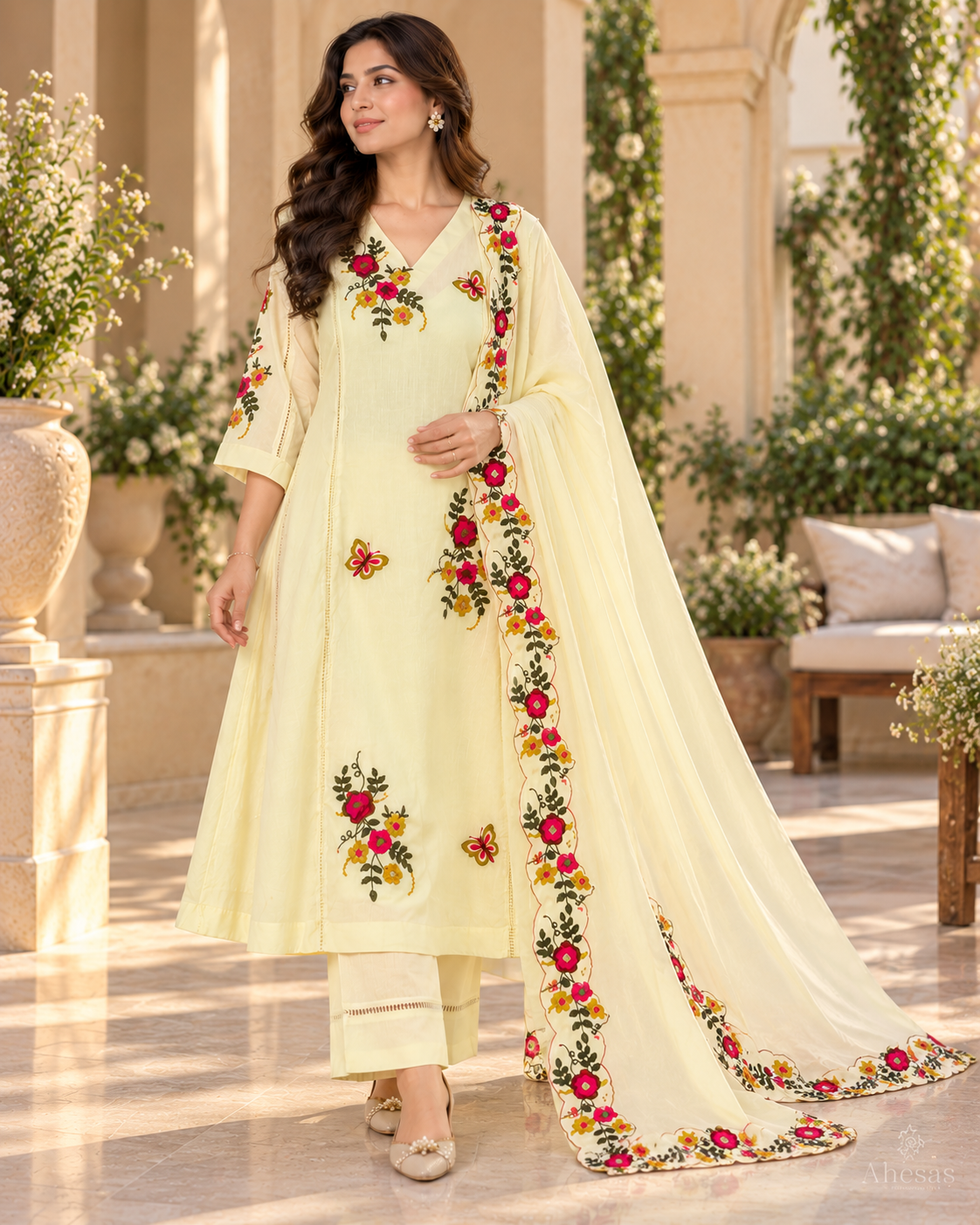 Buttercream Yellow Floral Embroidered A-Line Salwar Suit