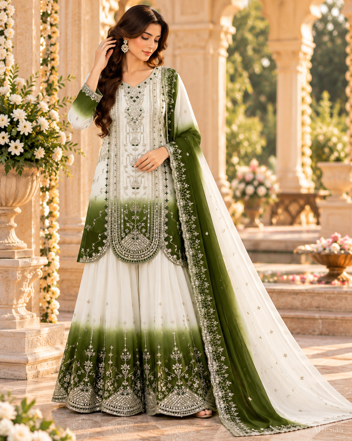 White & Olive Green Sequence Embroidered Palazzo Suit