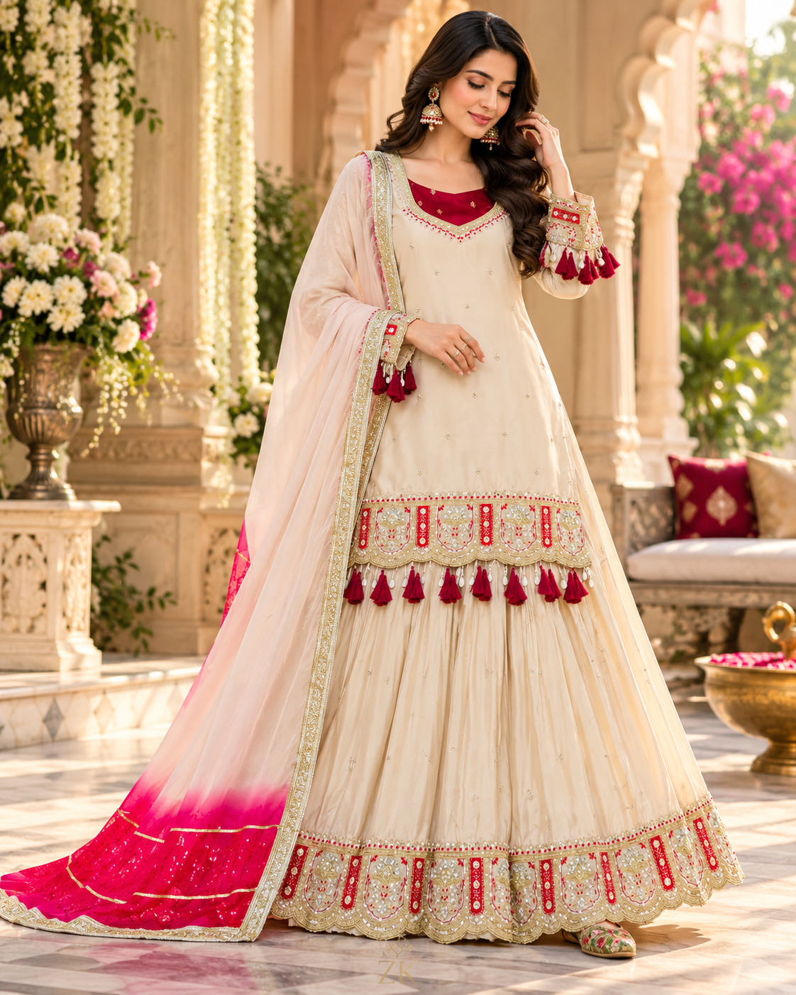 Ivory & Rani Pink Embroidered Lehenga Top with Dupatta