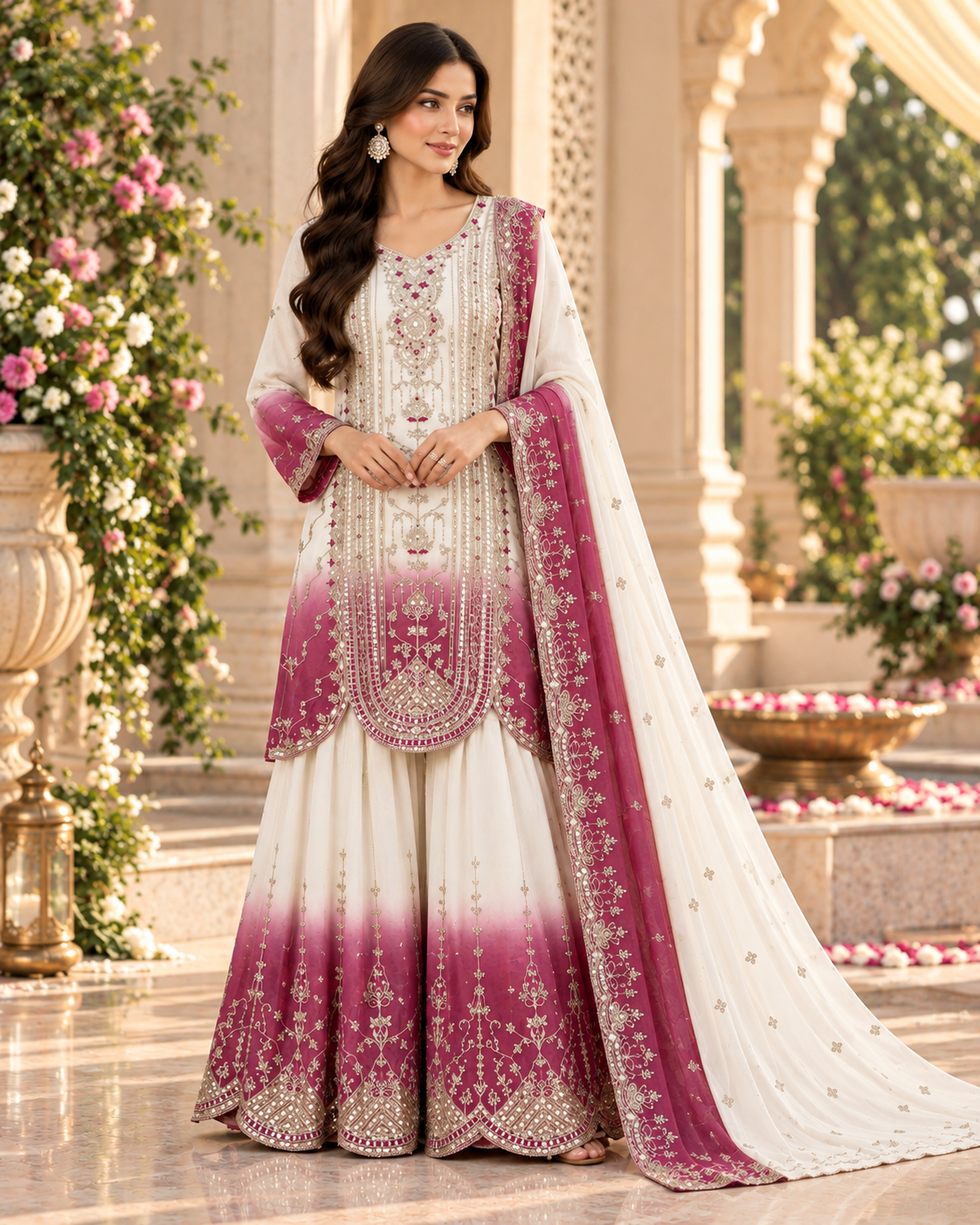 White & Dusty Pink Sequence Embroidered Palazzo Suit