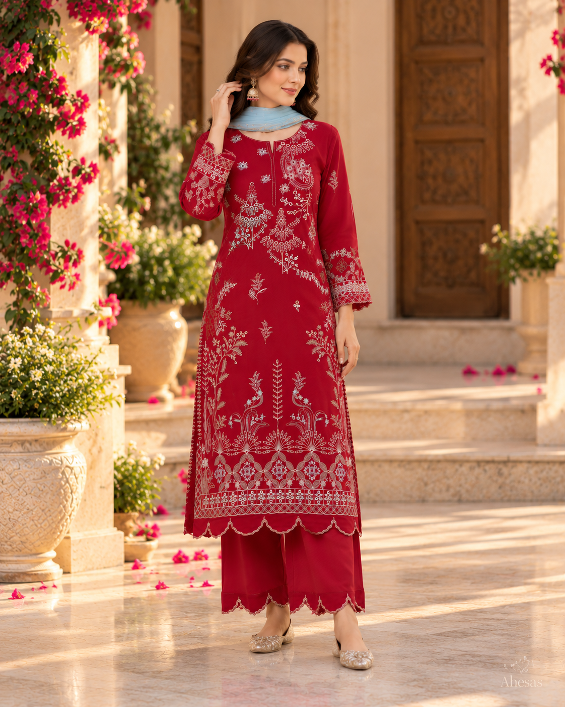 Red Embroidered Pakistani Salwar Suit with Dupatta