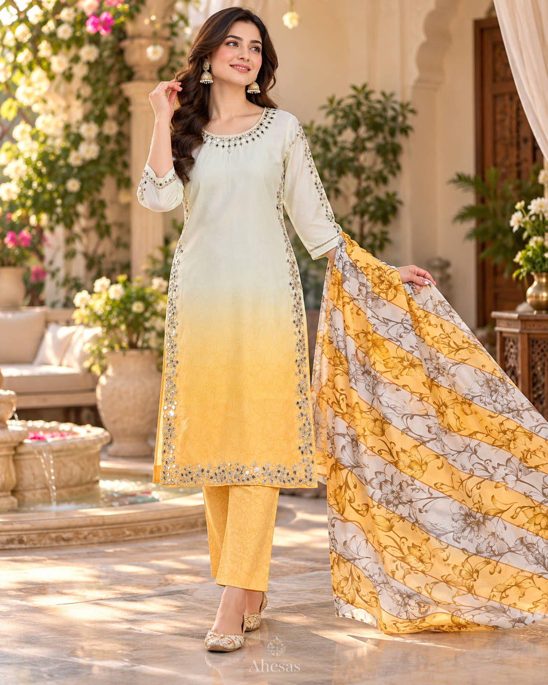 Lemon Ivory & Golden Yellow Ombre Embellished 3-Piece Suit