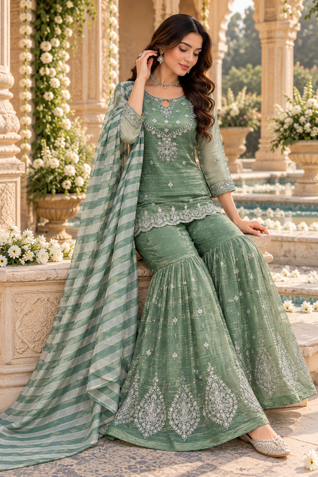 Sage Green Silver Embroidered Sharara Suit with Striped Dupatta