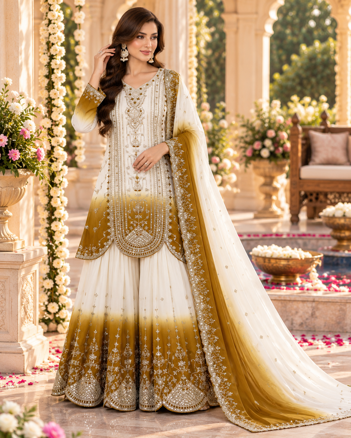 White & Antique Gold Ombre Sequence Embroidered Palazzo Suit