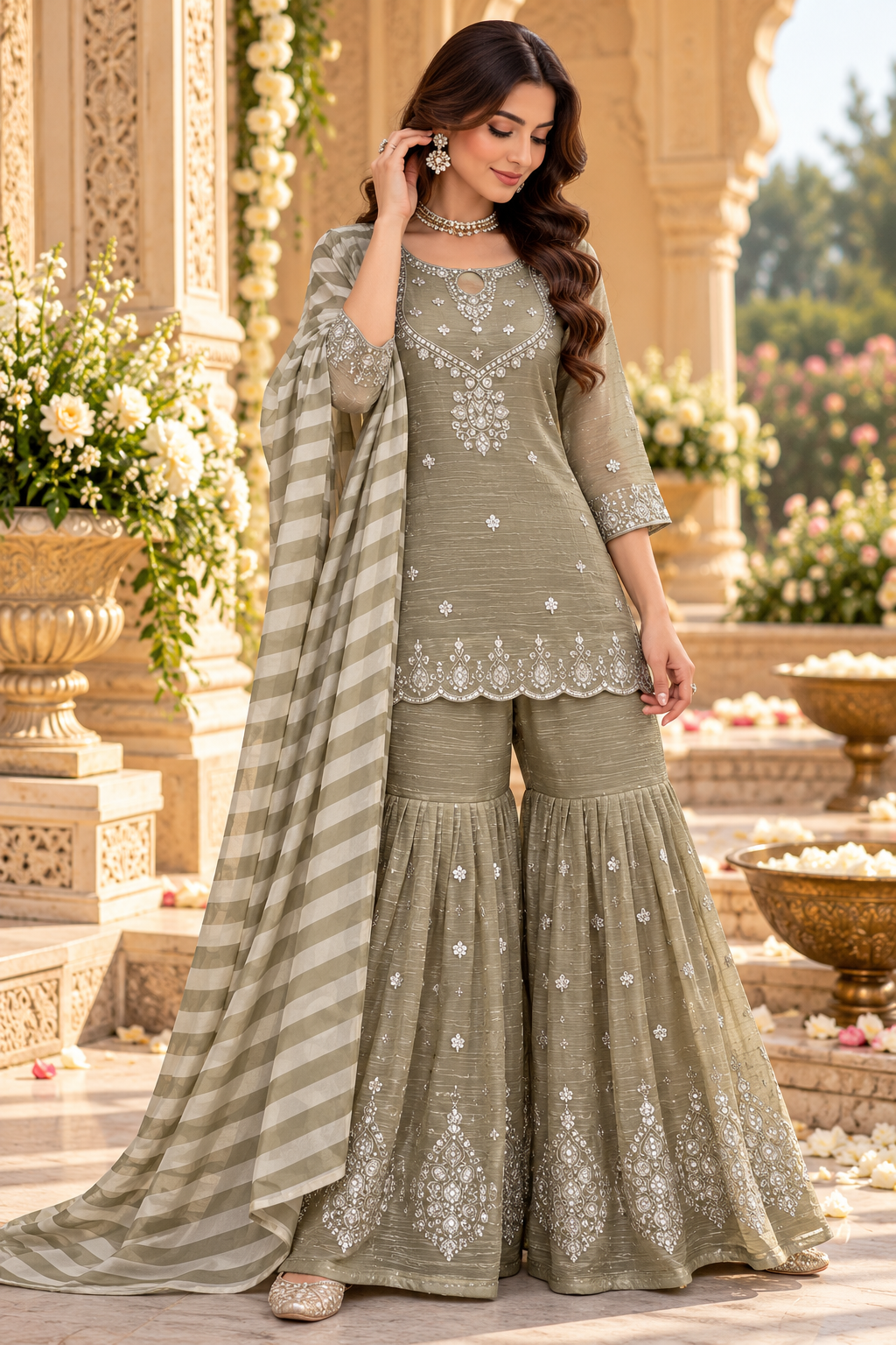 Olive Beige Silver Embroidered Sharara Suit with Striped Dupatta