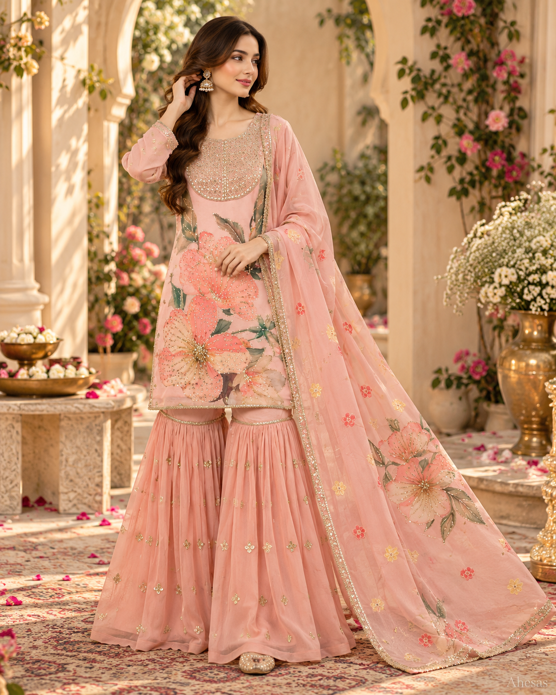 Peach Pink Floral Printed Sequins Sharara Suit