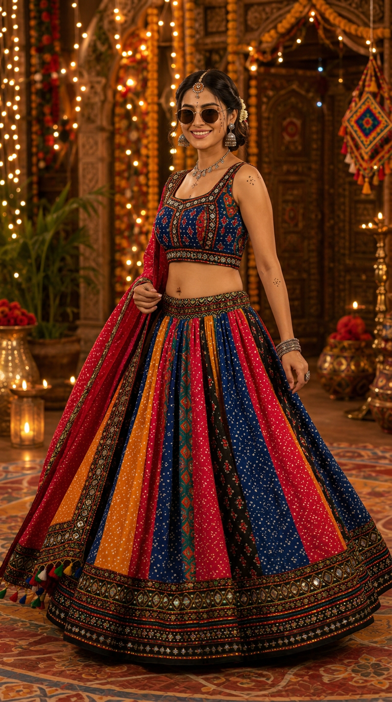 Multi Color Ajarkh Printed Mirror Work Navratri Lehenga Choli