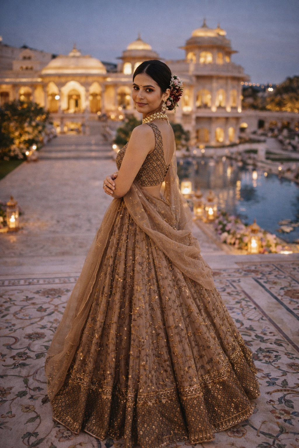 Golden Sequin Wedding Wear Net Lehenga for Women