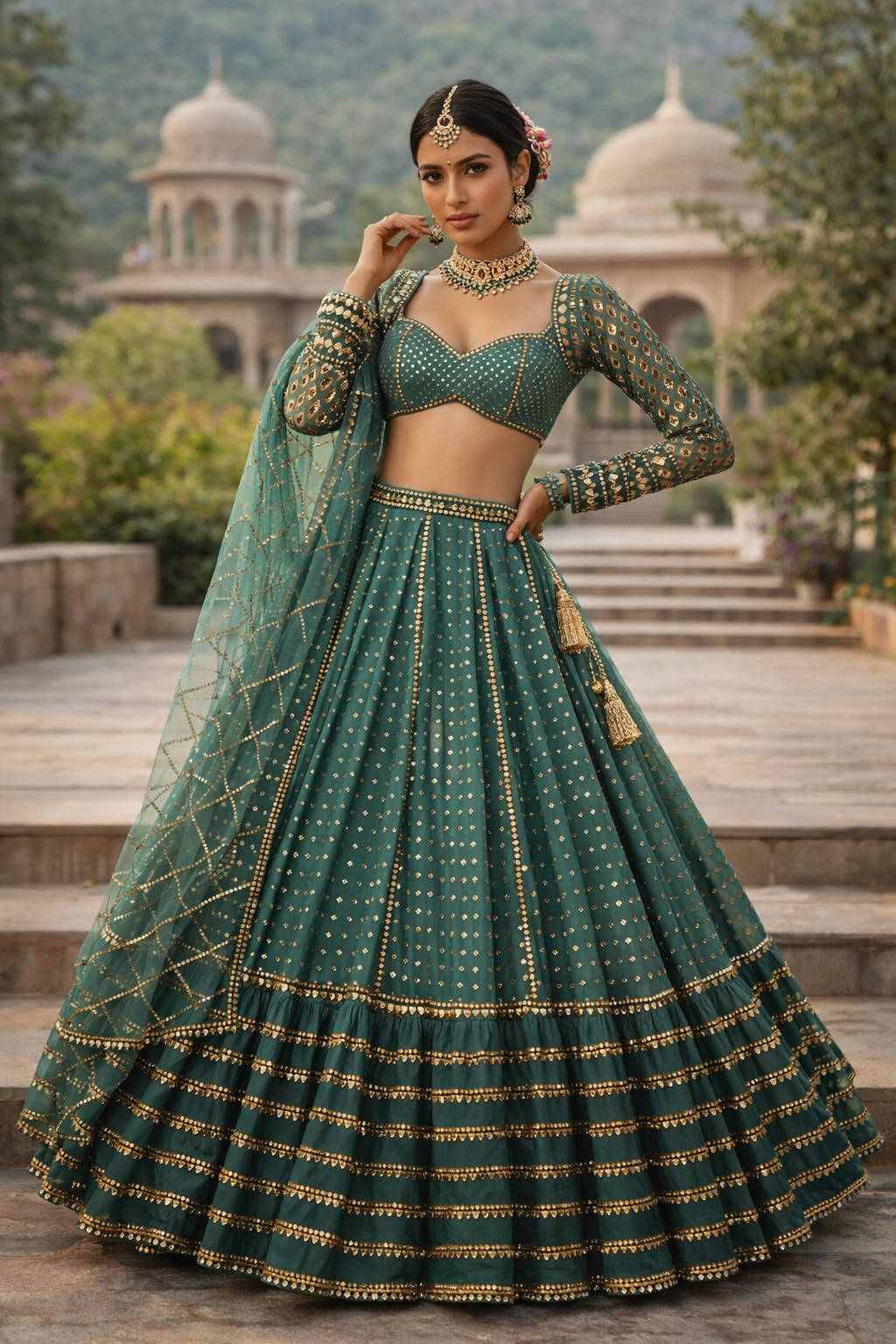 Green Embroidery Sequin Wedding Wear Lehenga for Women