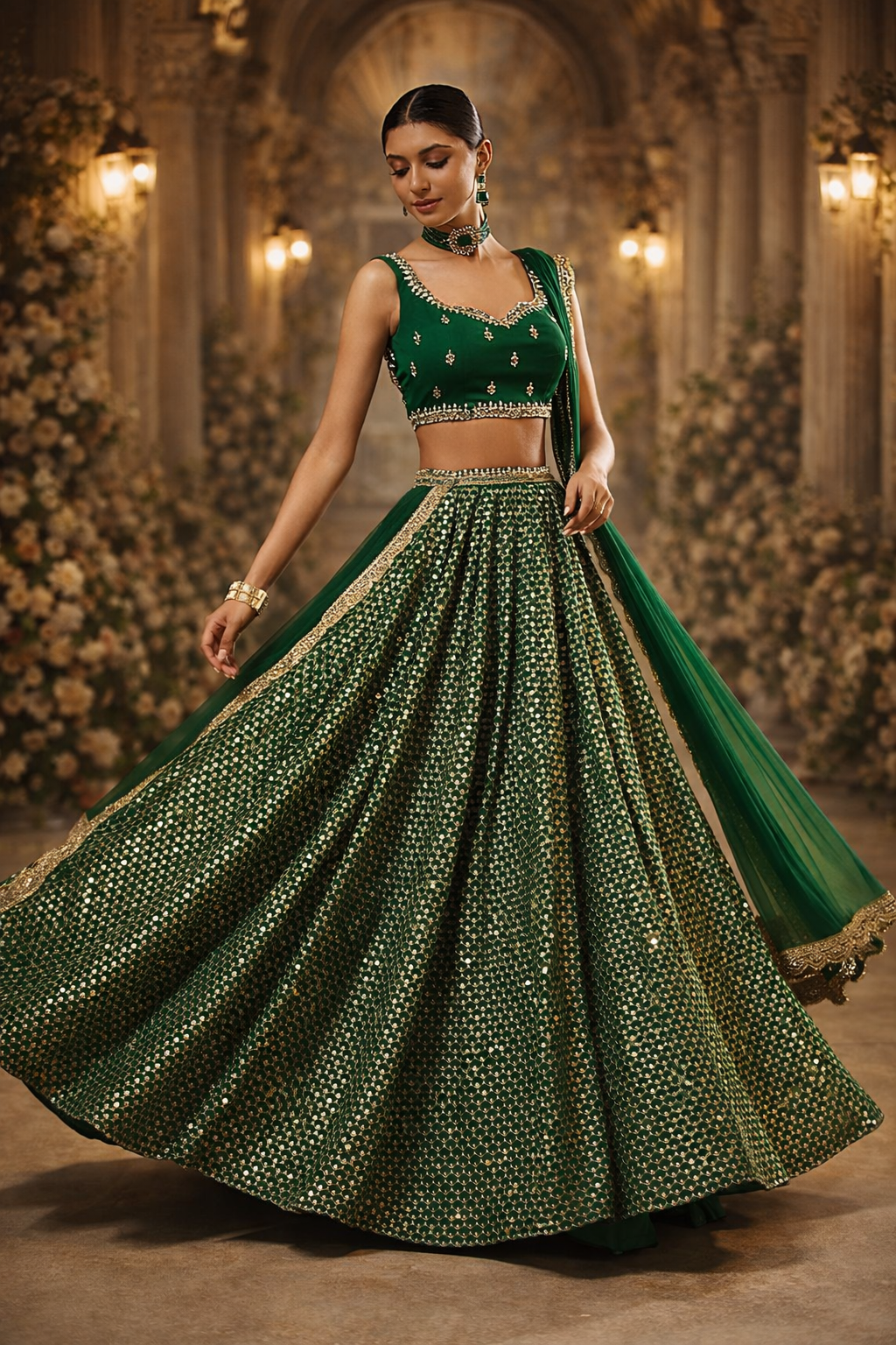 Green Sequin Party Wear Lehenga for Women