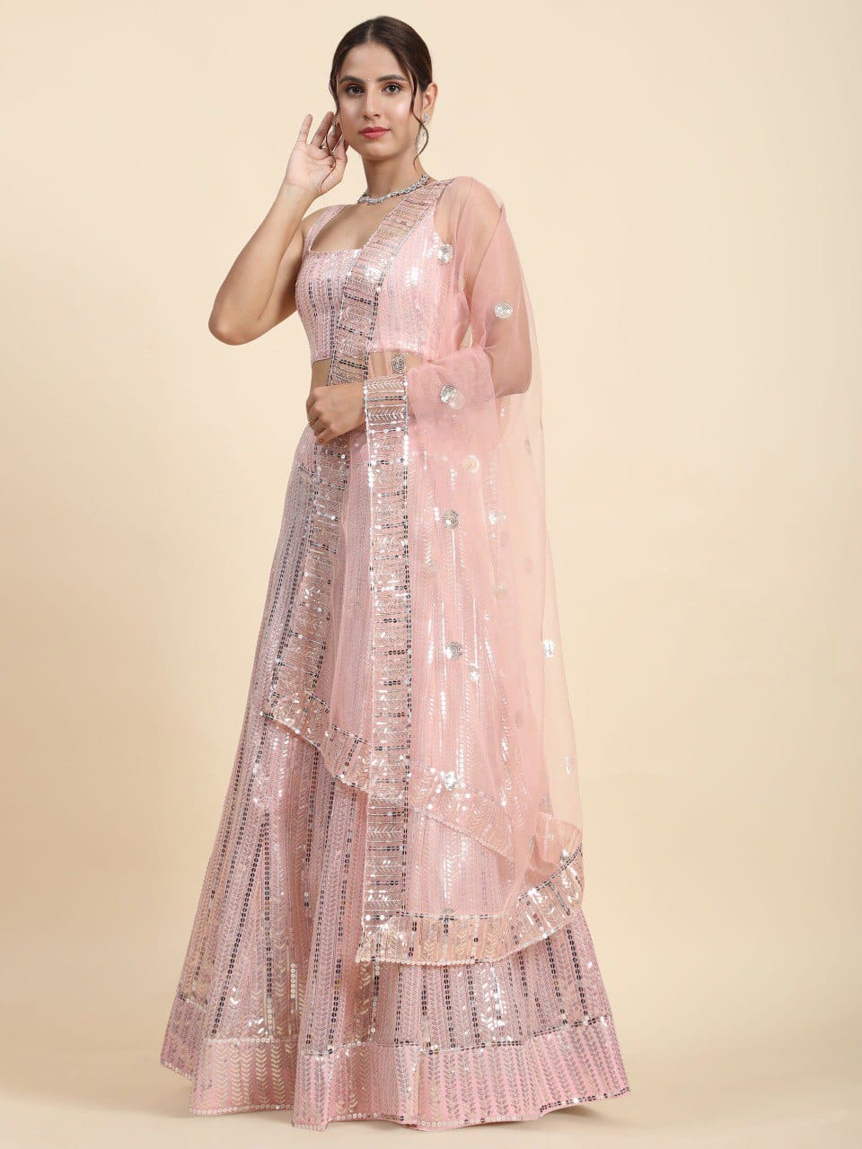 Peach Color Heavy Sequins Georgette Bollywood Designer Lehenga Choli