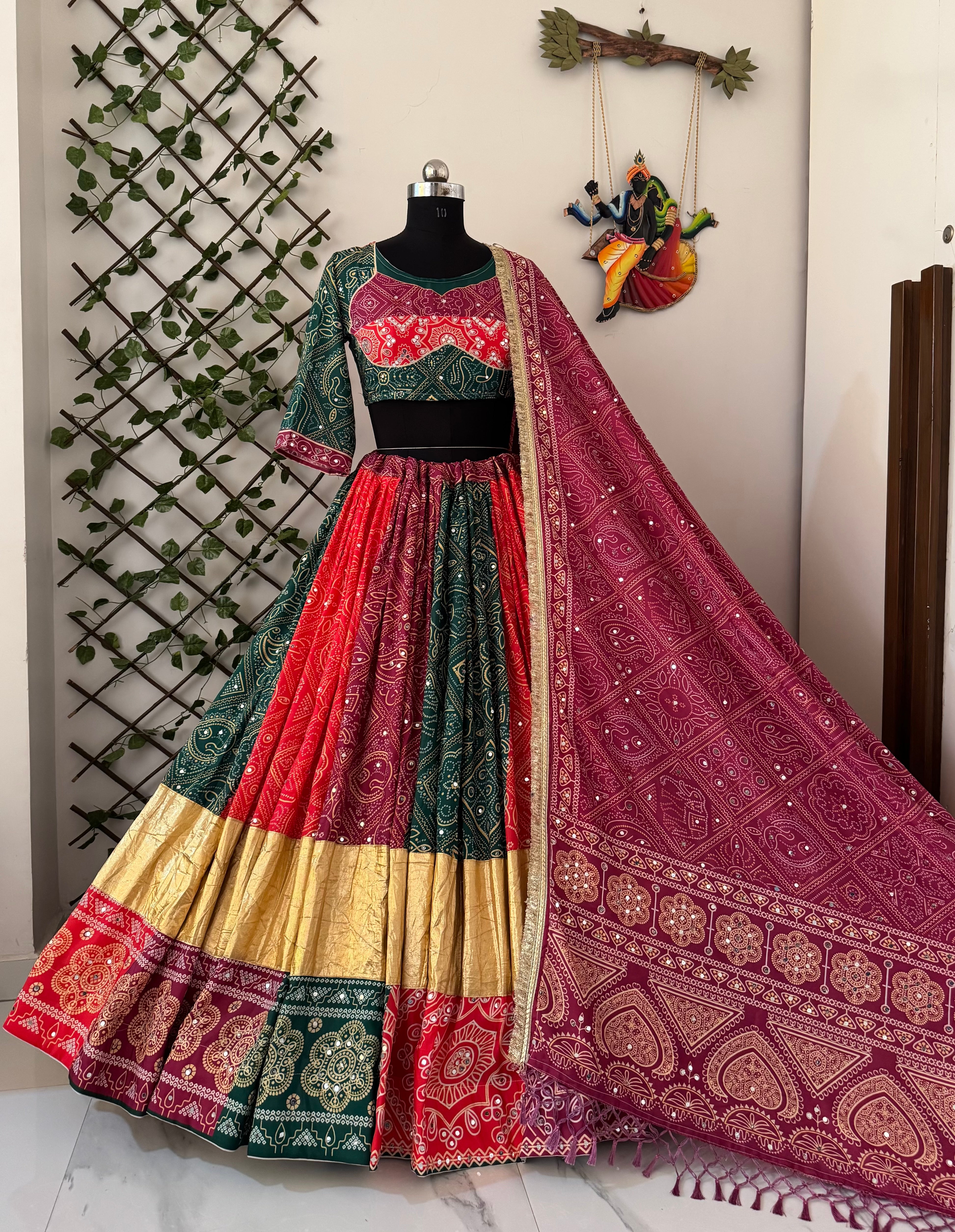 Green-Red Color Trendy Printed Mirror Work Navratri Lehenga Choli