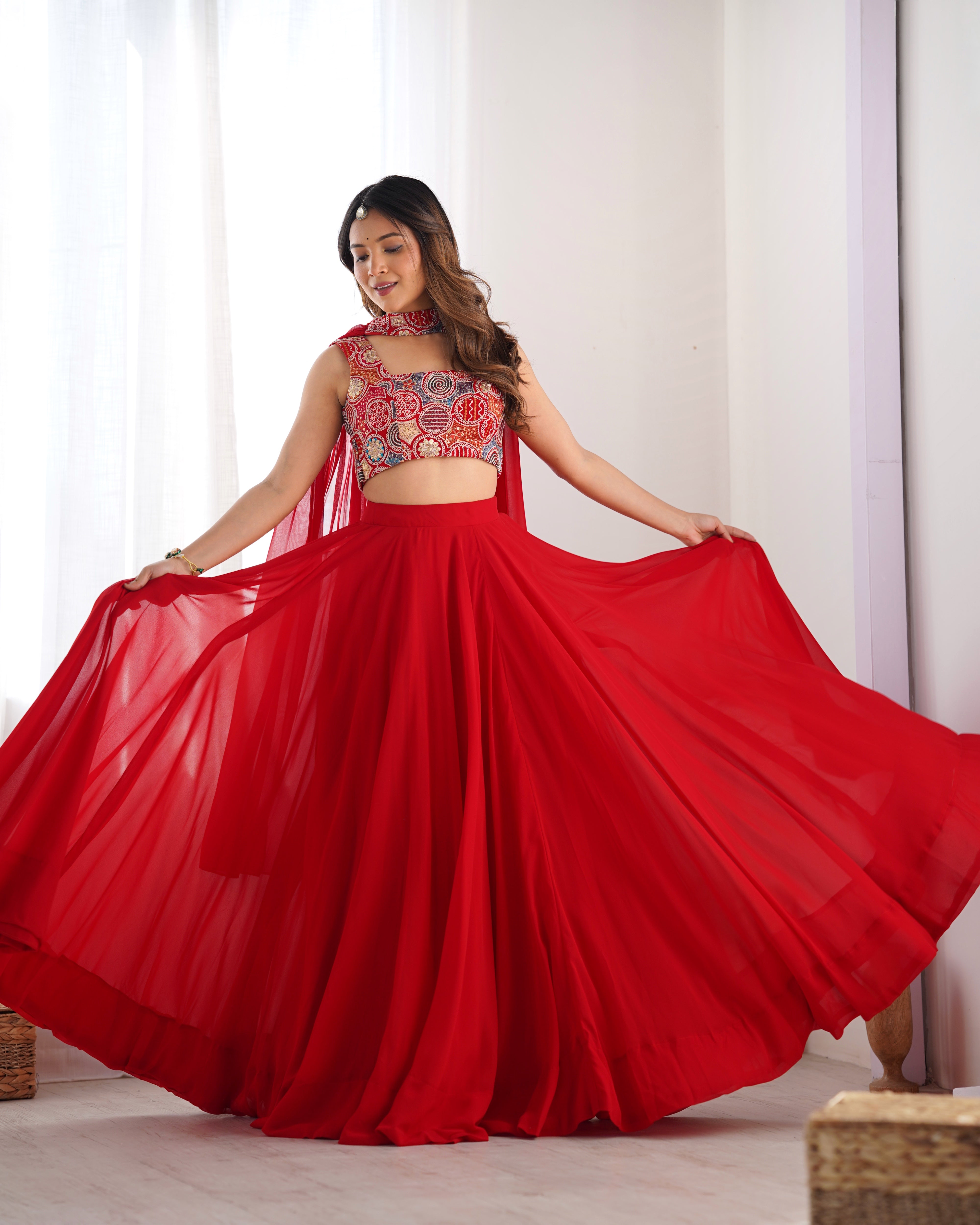 Red Color Embroidery Sequins work Georgette Lehenga Choli