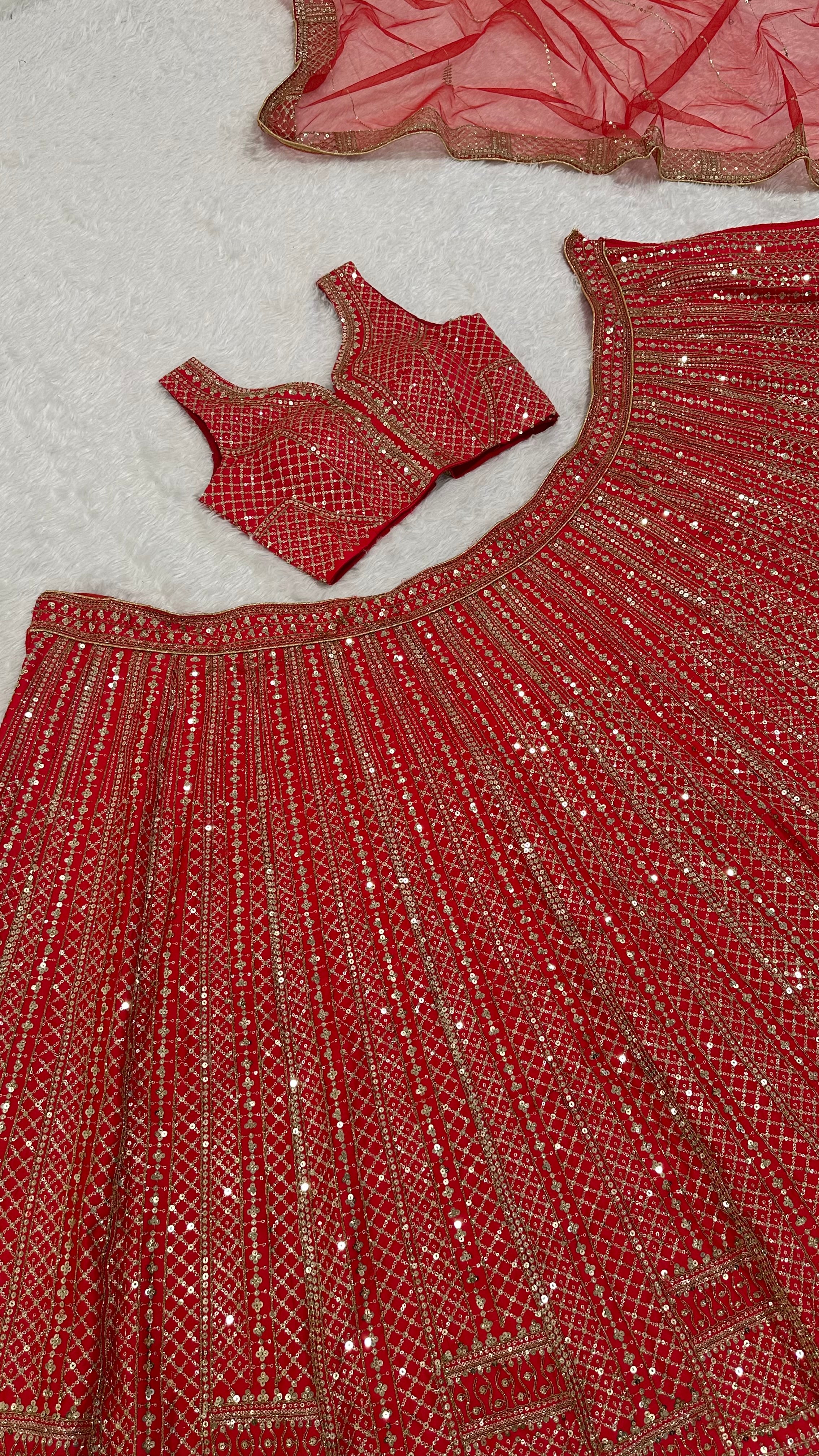 Red Color Heavy Sequence Work Designer Wedding Wear Lehenga