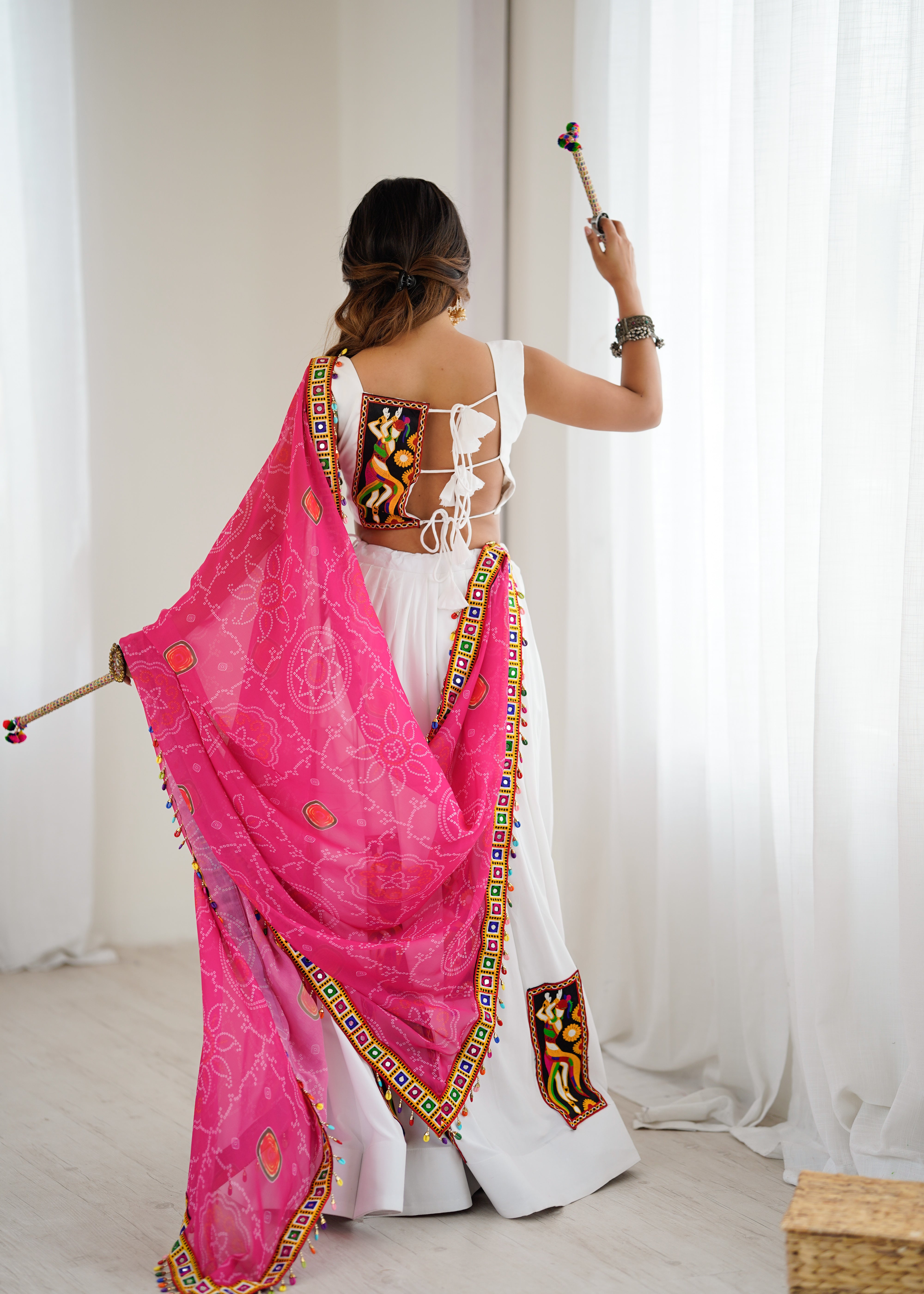 White Color Gamthi Work Rayon Navratri Lehenga Choli