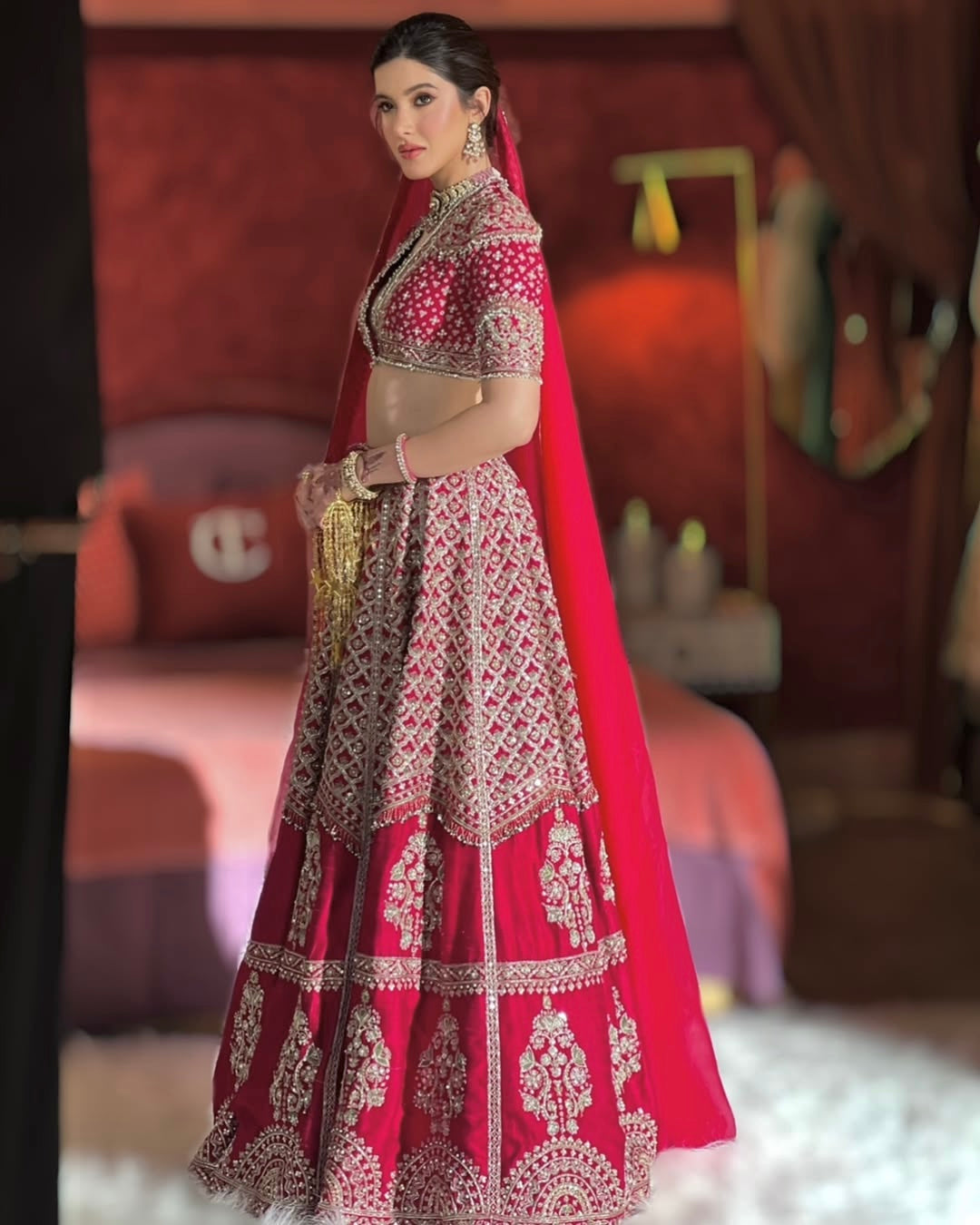 Ruby Red Embroidered Sequins Wedding Lehenga Choli