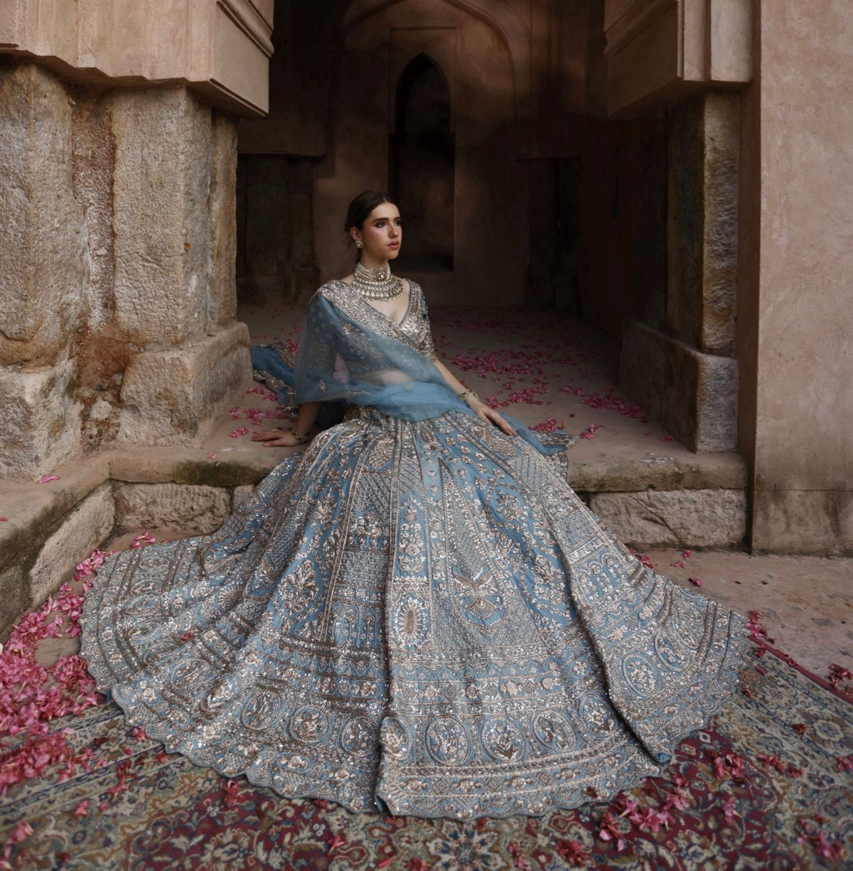 Dusty Blue Sequins Wedding Designer Lehenga Choli