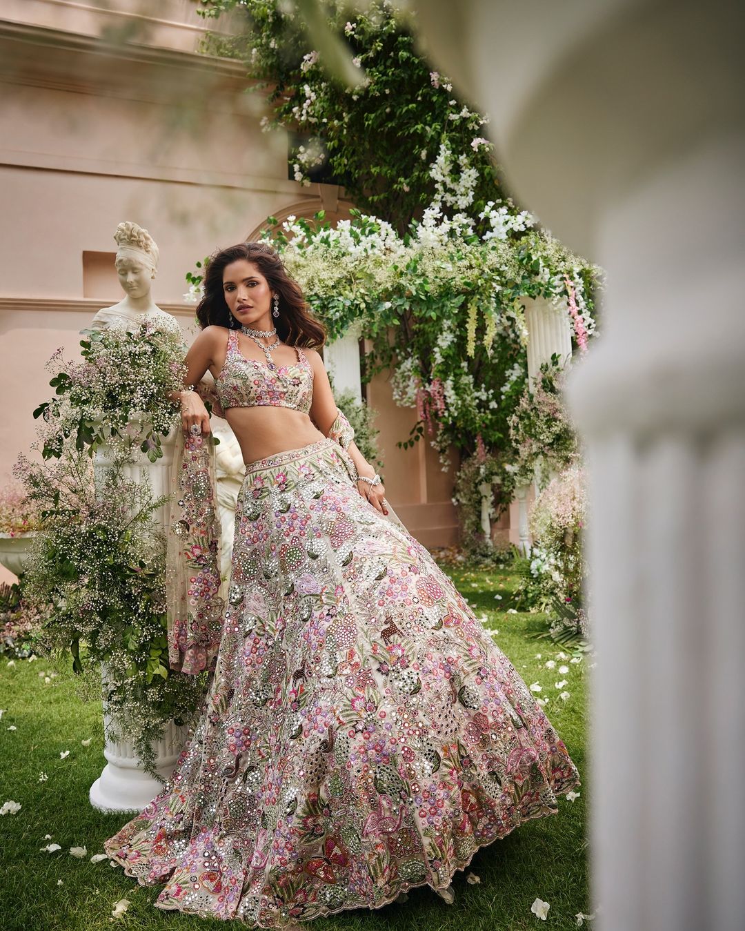 Ivory Multicolour Floral Sequin Embroidered Lehenga Choli