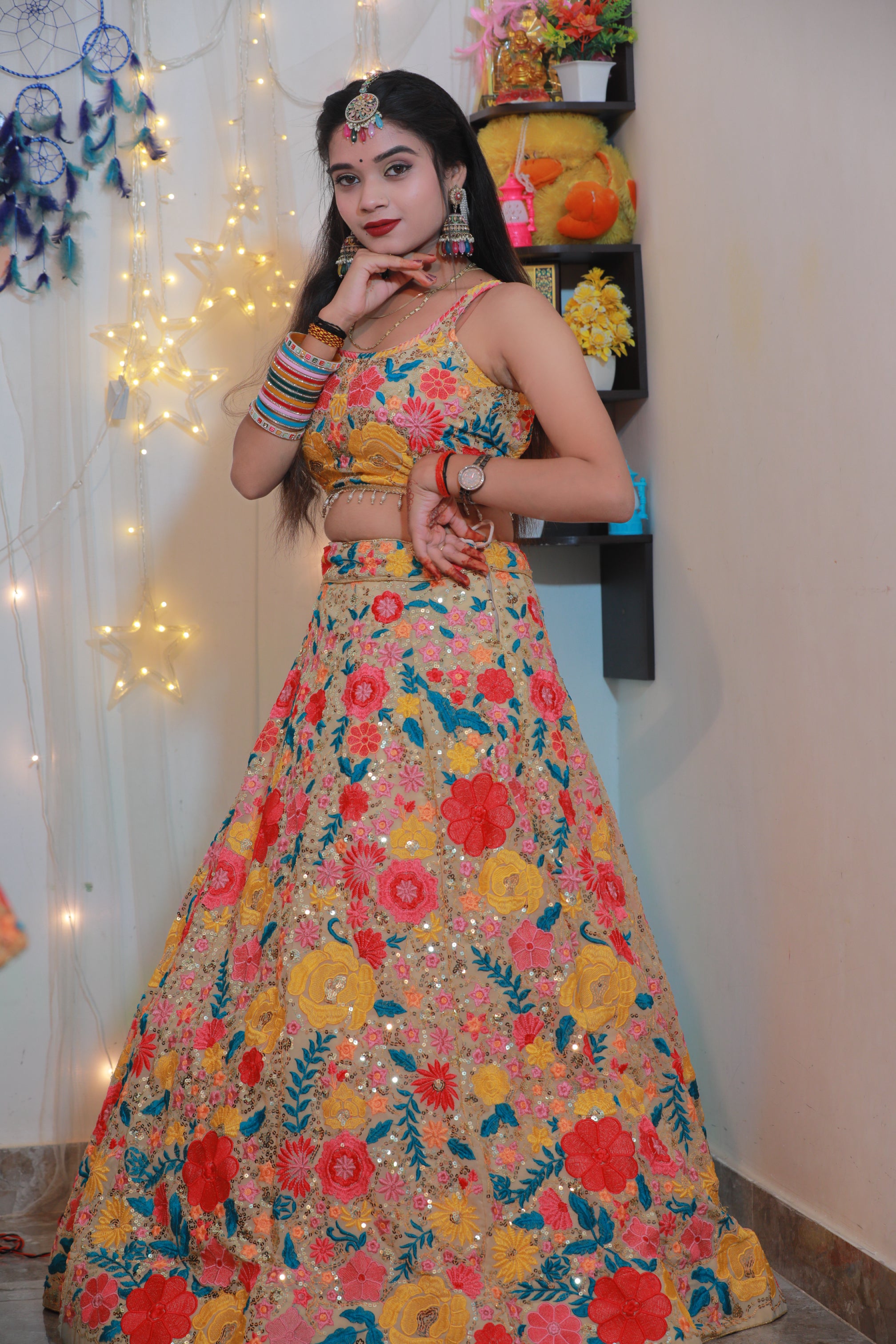 Floral Embroidery Sequin Wedding Wear Lehenga for Women