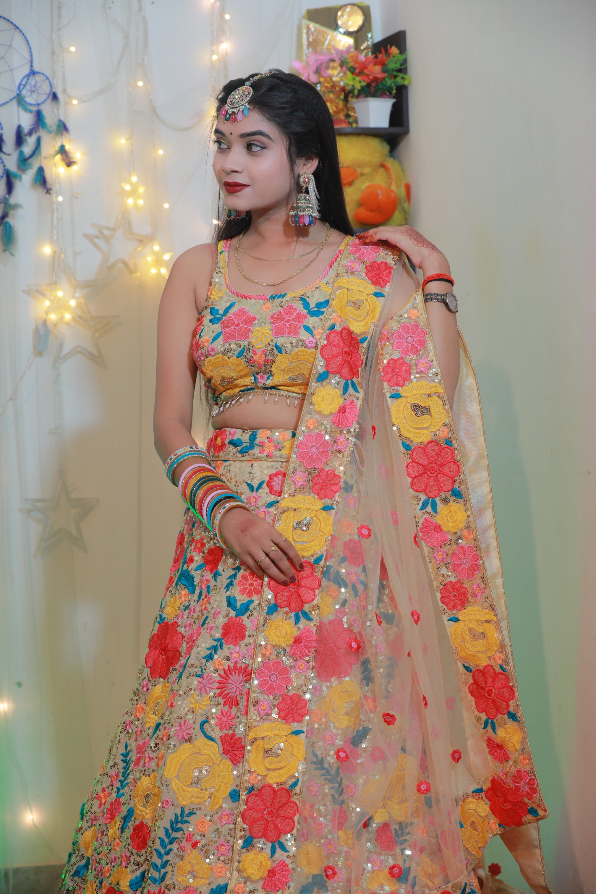 Floral Embroidery Sequin Wedding Wear Lehenga for Women