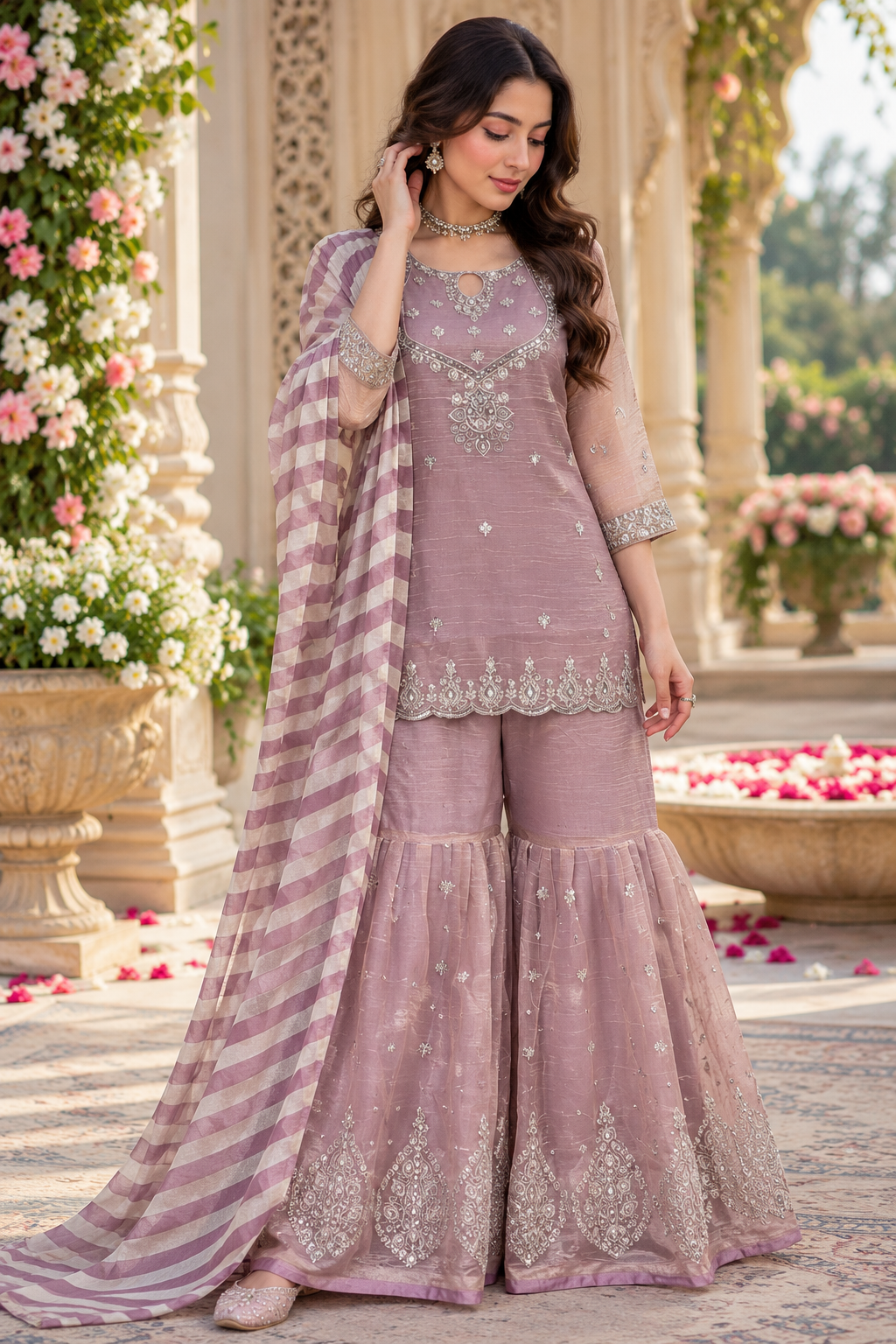 Dusty Mauve Pink Silver Embroidered Sharara Suit with Striped Dupatta