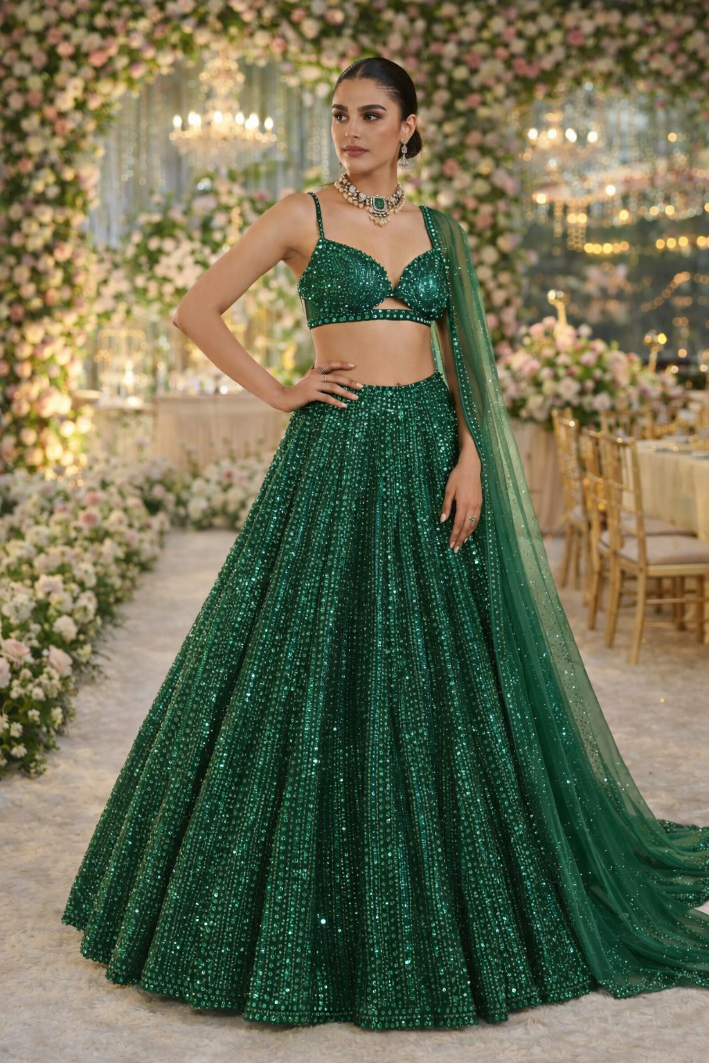 Green Color Heavy Sequence Work Wedding Wear Designer Lehenga