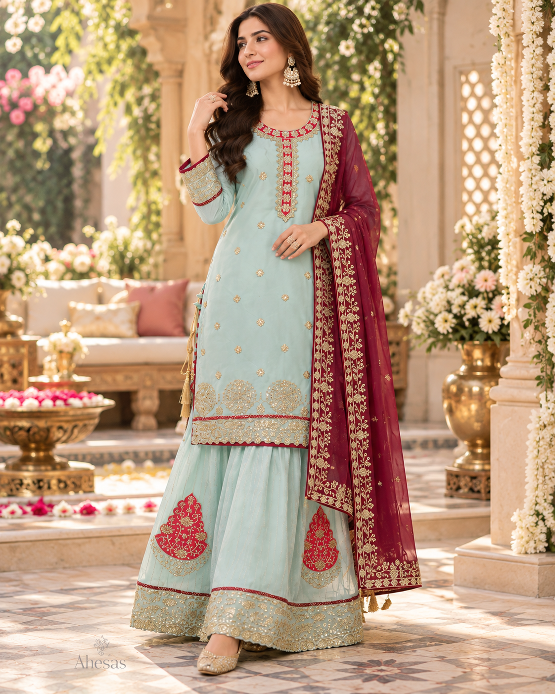 Light Mint Green Embroidered Palazzo Suit with Red Dupatta