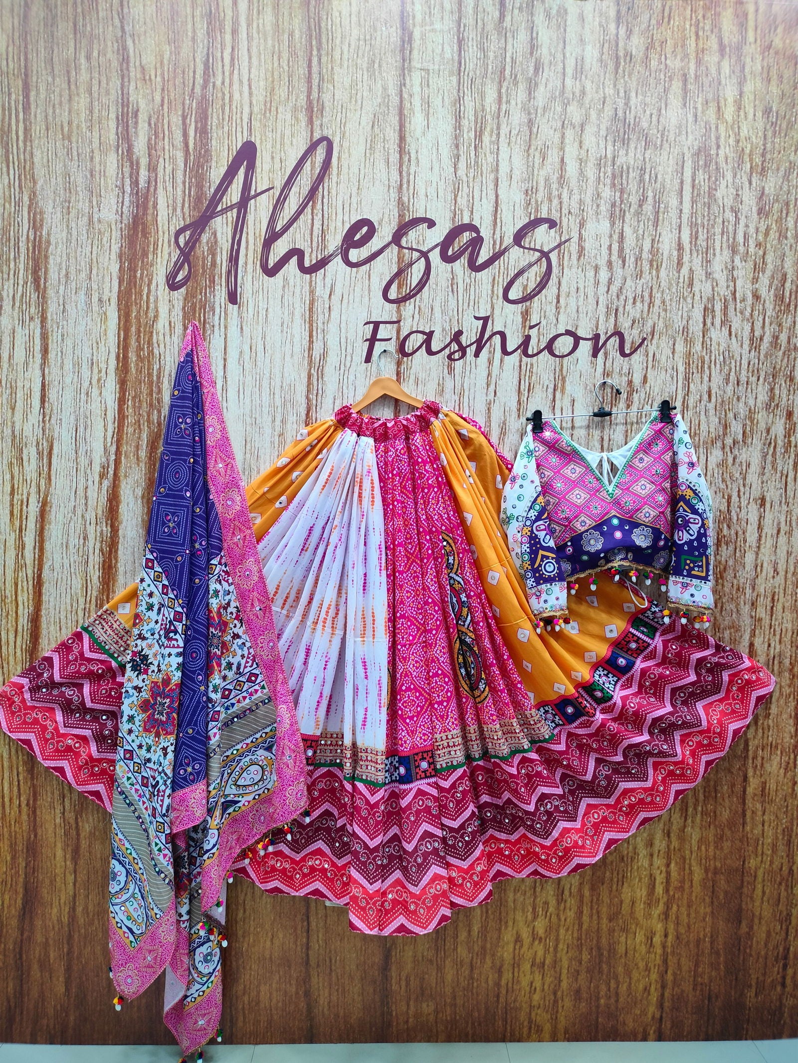 Multi Color Designer Cotton Digital Print Mirror Work Navratri Lehenga Choli - Ahesas