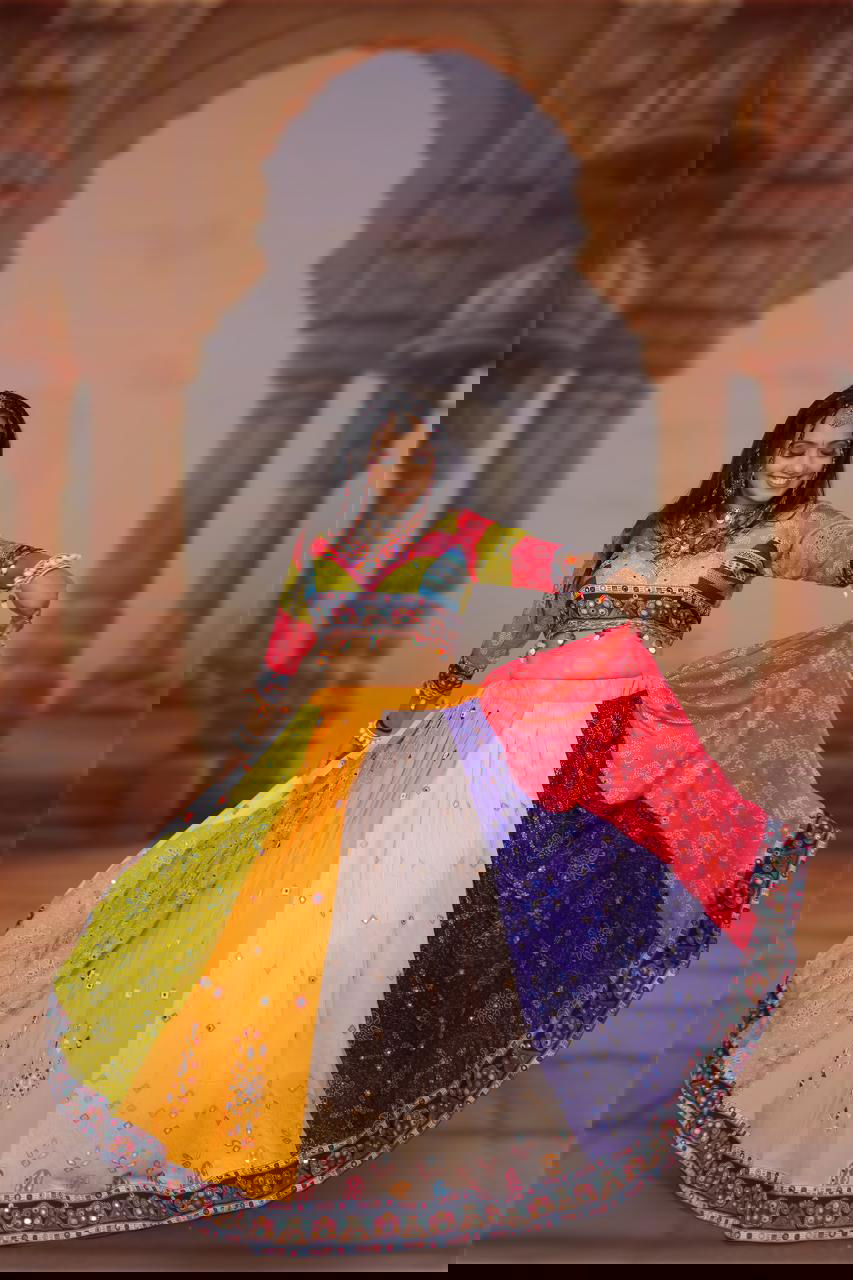 Multi Color Digital Printed Mirror Work Cotton Navratri Lehenga - Ahesas