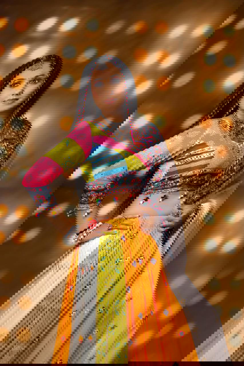 Multi Color Digital Printed Mirror Work Cotton Navratri Lehenga - Ahesas