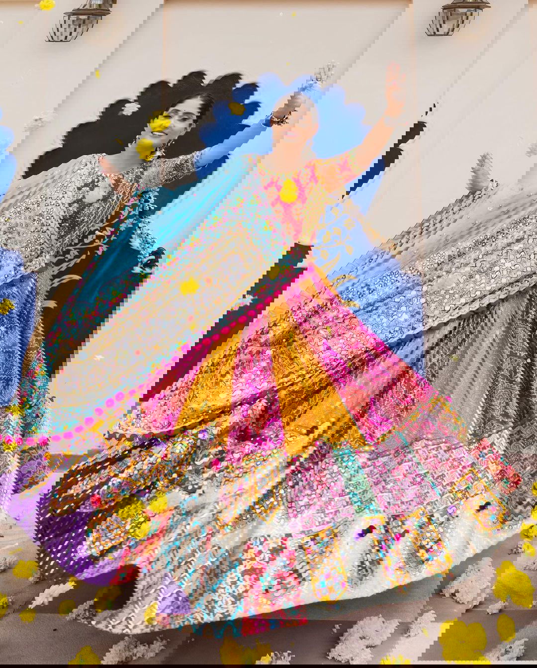 Multi Color Muslin Cotton With Digital Print Real Mirror Navratri Special Lehenga Choli Set - Ahesas