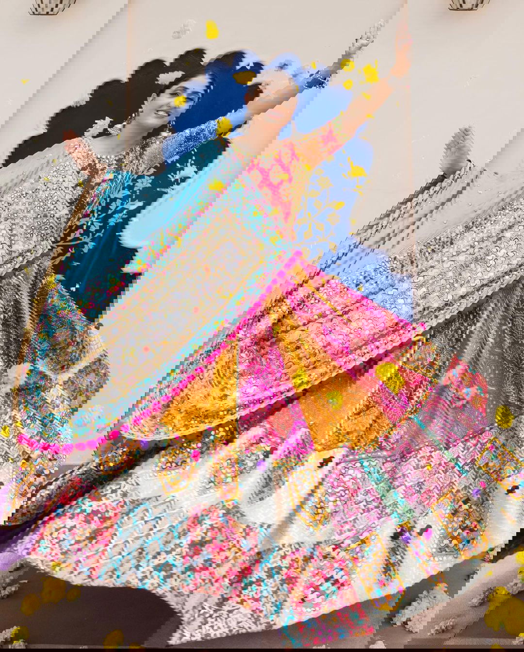 Multi Color Muslin Cotton With Digital Print Real Mirror Navratri Special Lehenga Choli Set - Ahesas