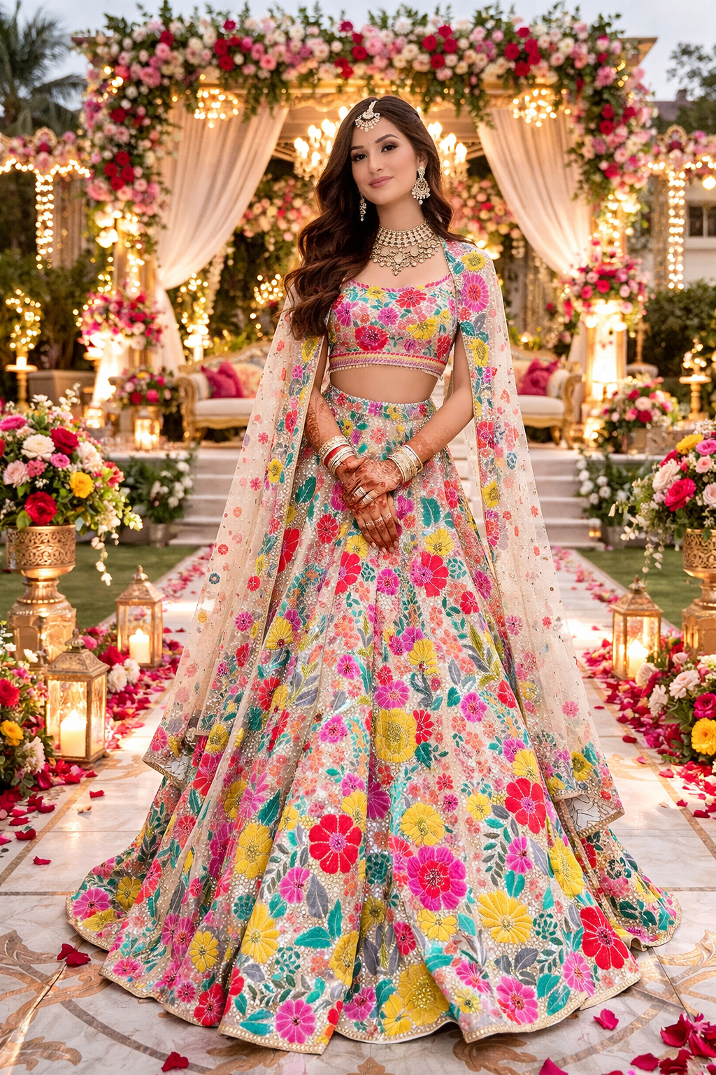 Cream Floral Embroidery Sequence Work Wedding Wear Designer Lehenga Choli