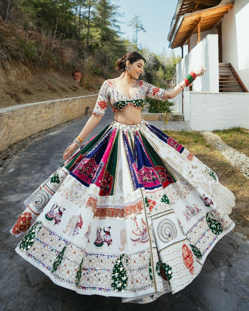 Off White Color Muslin Cotton With Digital Print Real Mirror Work Designer Navratri Special Lehenga Choli Set - Ahesas