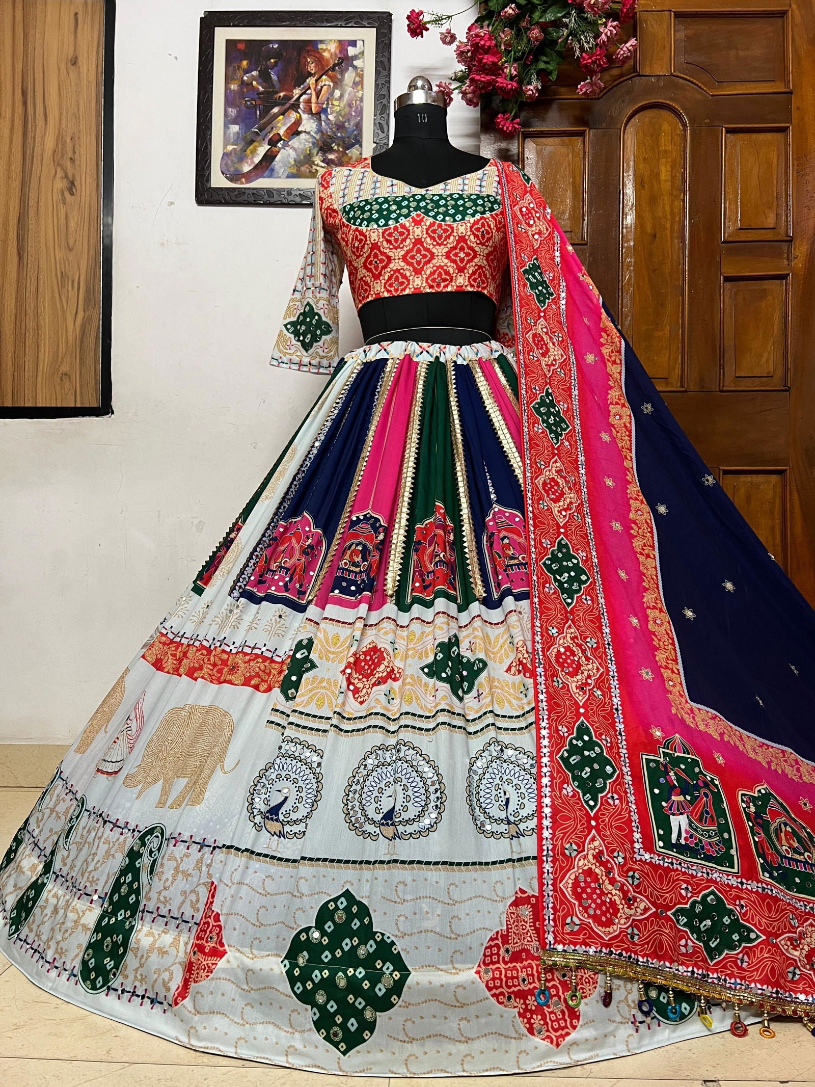 Off White Color Muslin Cotton With Digital Print Real Mirror Work Designer Navratri Special Lehenga Choli Set - Ahesas