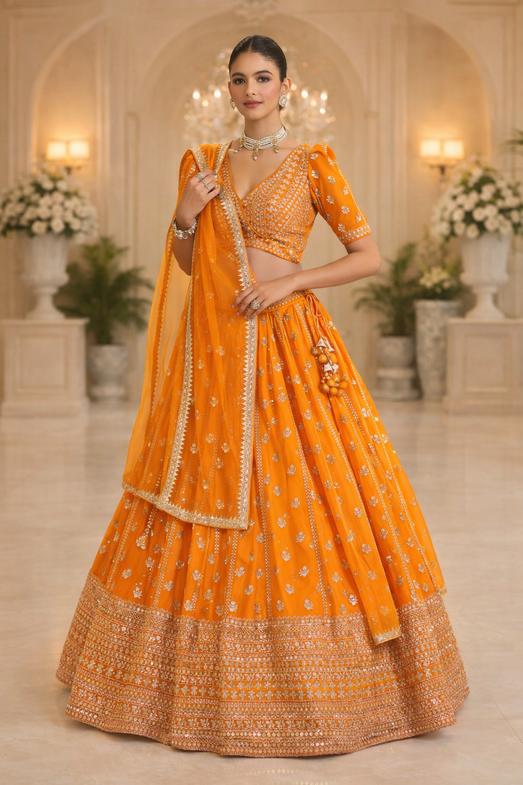 Orange Wedding & Party Wear Designer Sequence Embroidery Work Georgette Lehenga Choli