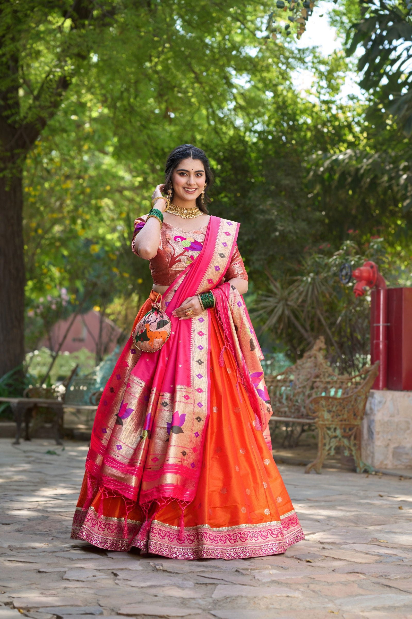 Orange Color Jacquard Silk Paithani Lehenga With Zari Work Lehenga Choli Set - Ahesas