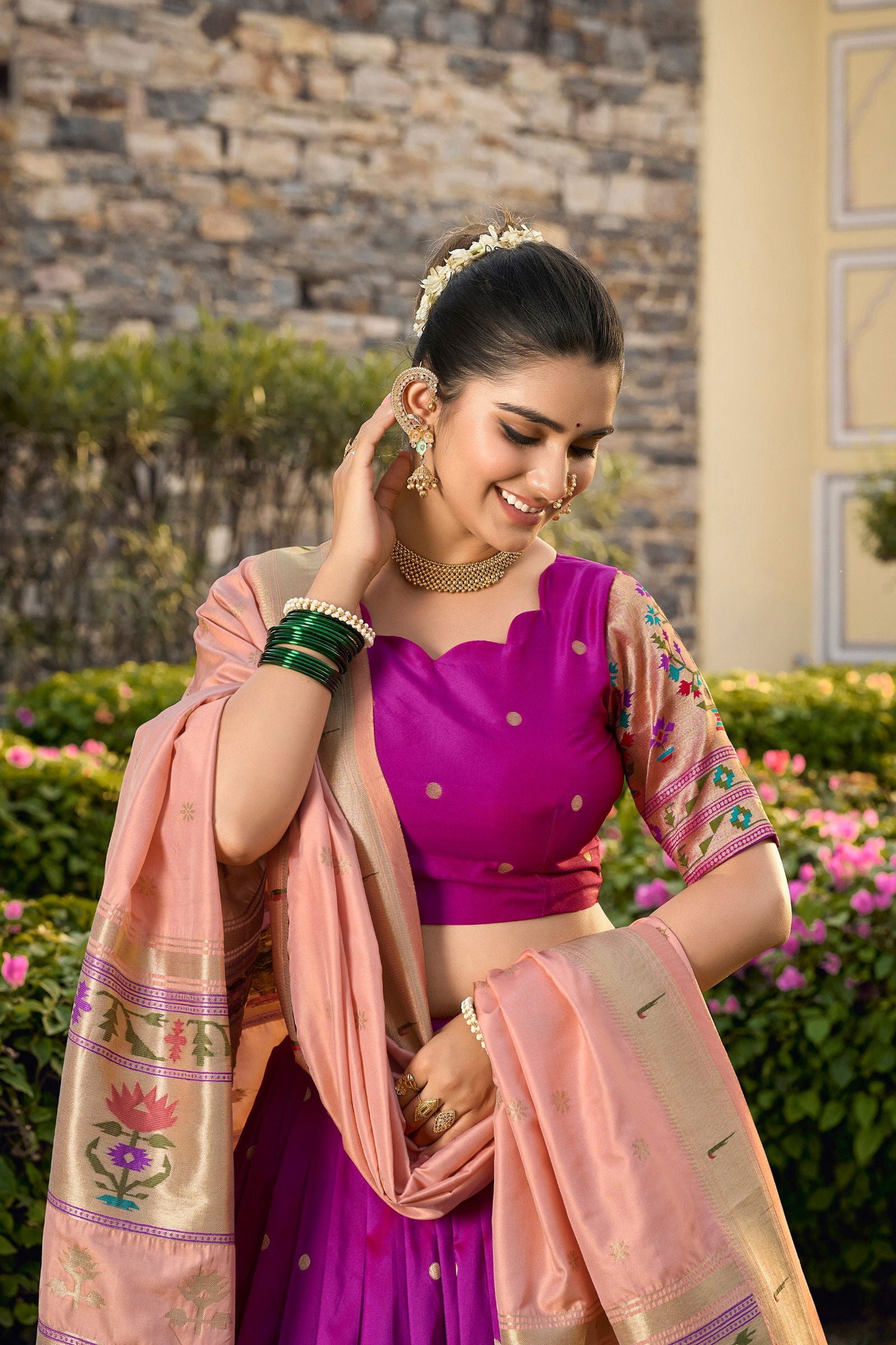 Purple Color Zari Weaving Work Paithani Special Jacquard Silk Lehenga Choli Set - Ahesas