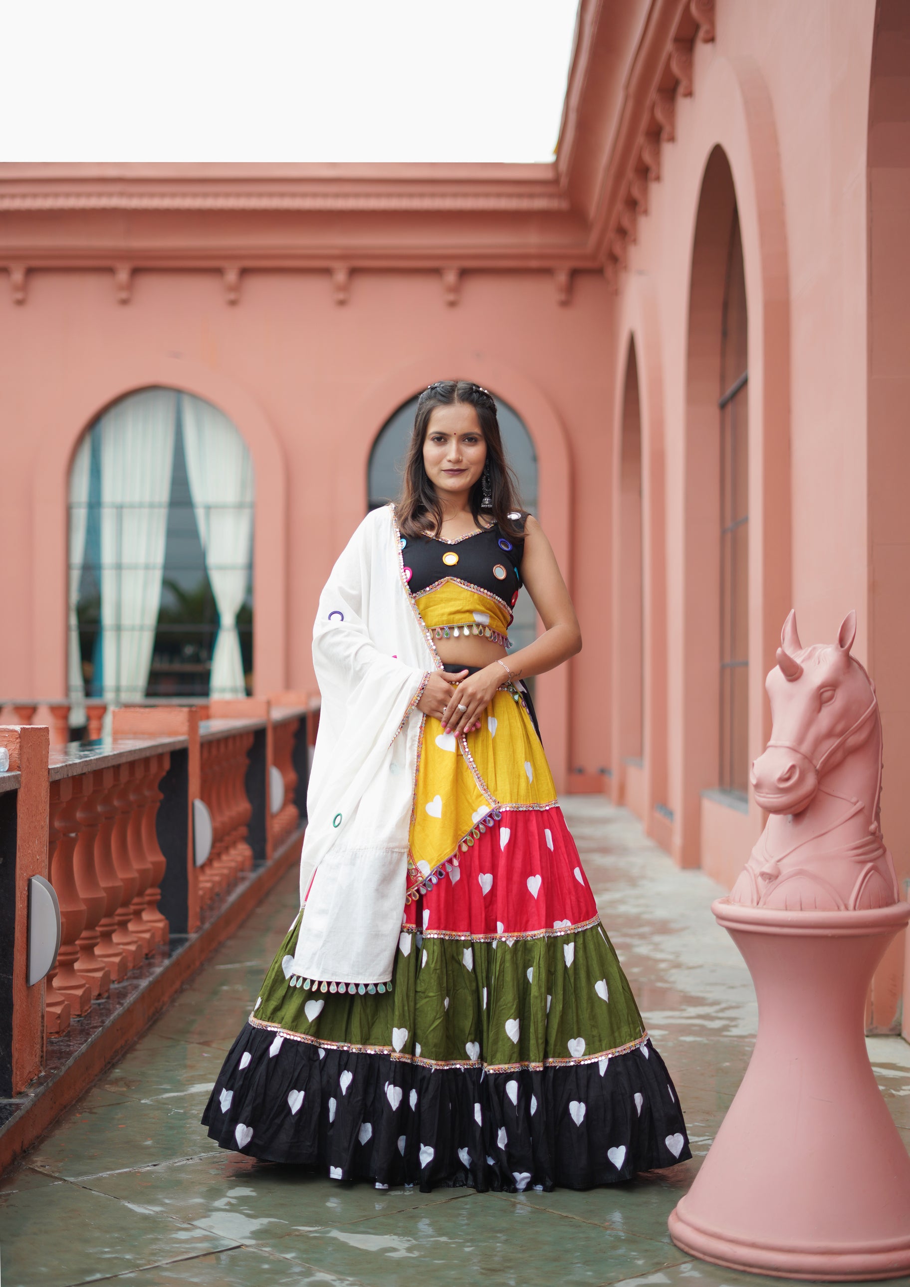 Multi Color Heart Printed Cotton Navratri Special Lehenga Choli